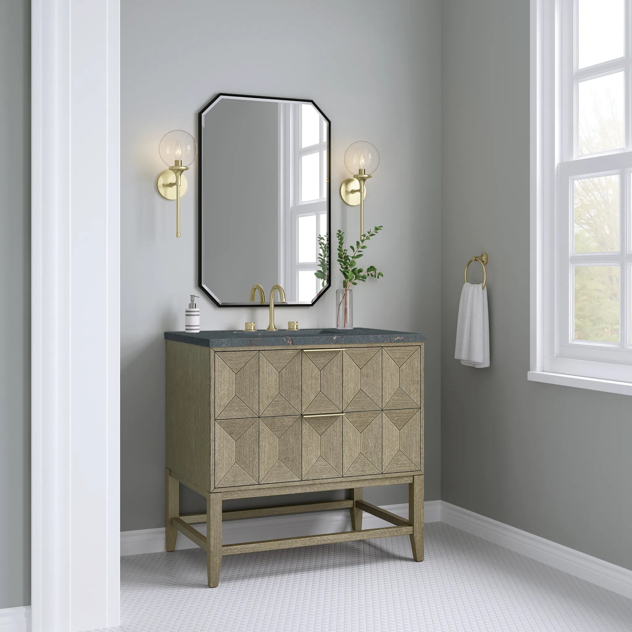 36" Emmeline Single Vanity in Pebble Oak-Parisien Bleu Silestone-8" Widespread image 2