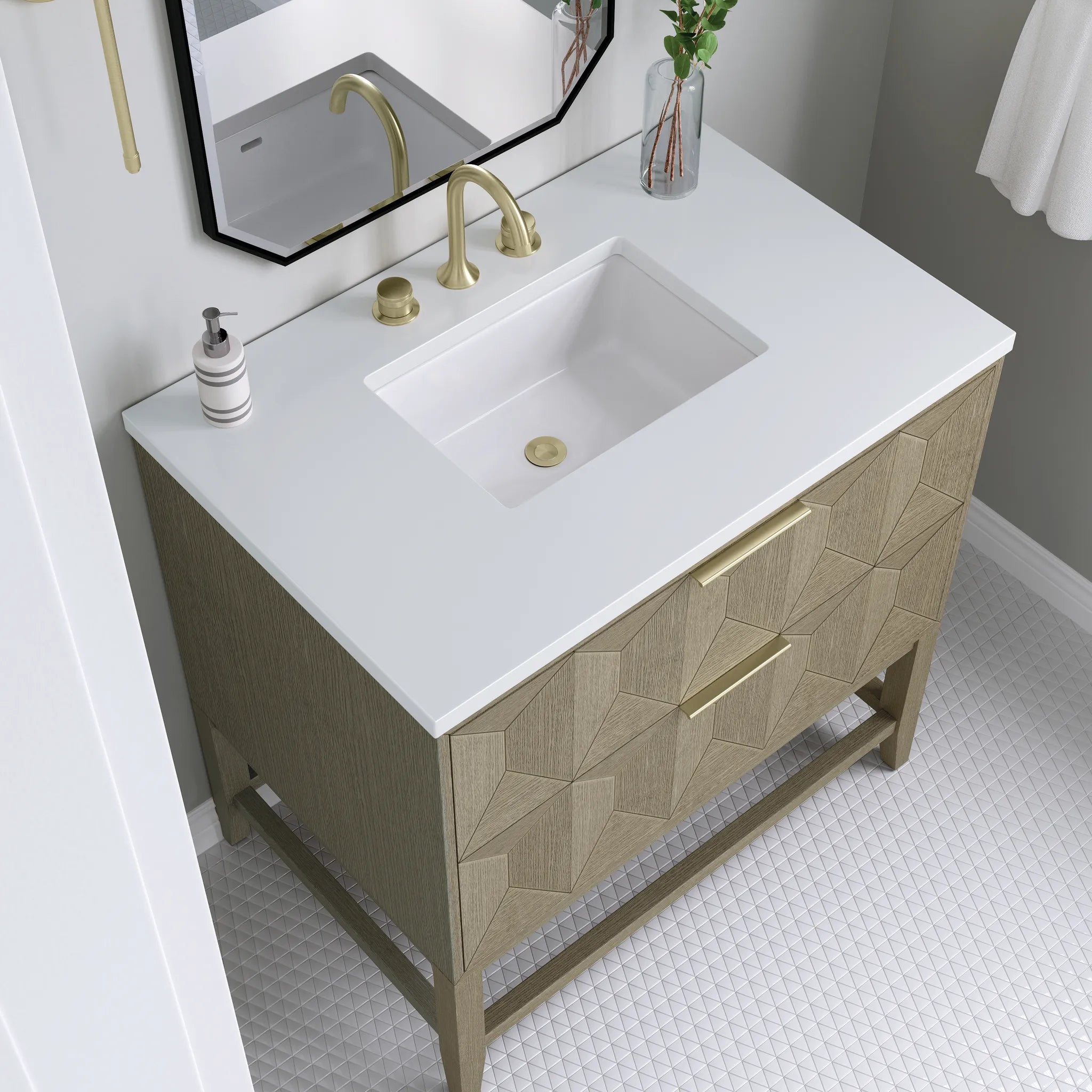 36" Emmeline Single Vanity in Pebble Oak-White Zeus Silestone-8" Widespread image 4