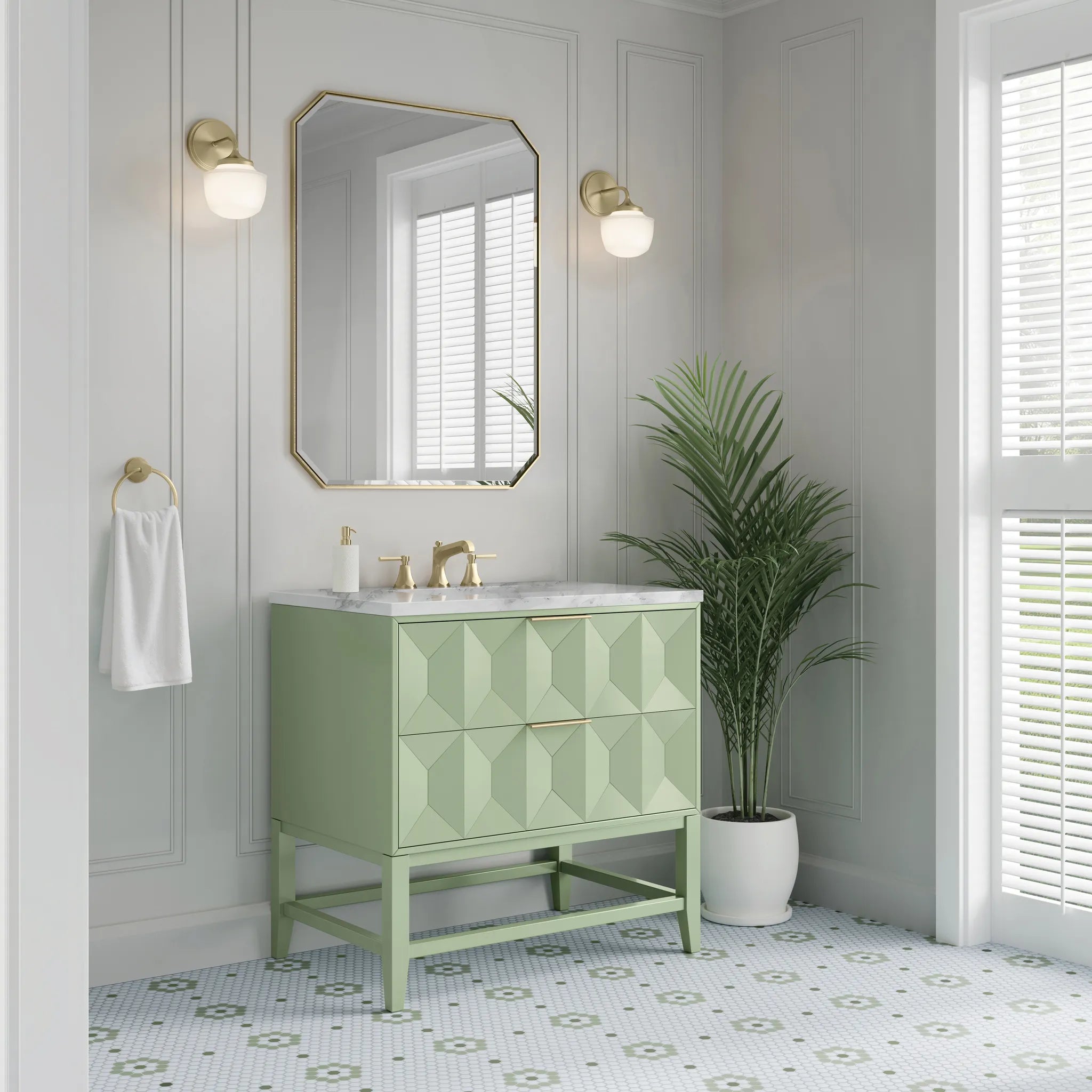 36" Emmeline Single Vanity in Pistachio-Carrara White Marble-8" Widespread image 3