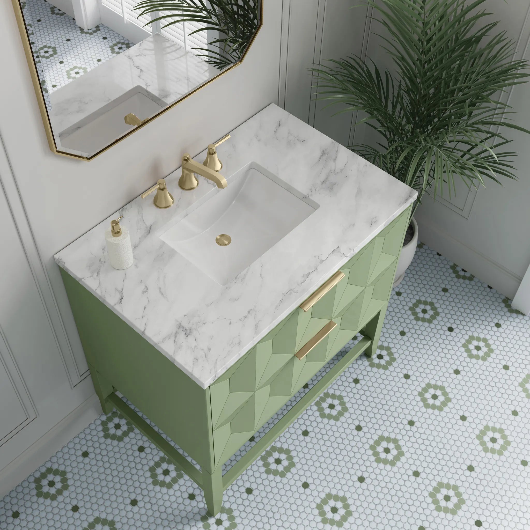36" Emmeline Single Vanity in Pistachio-Carrara White Marble-8" Widespread image 7
