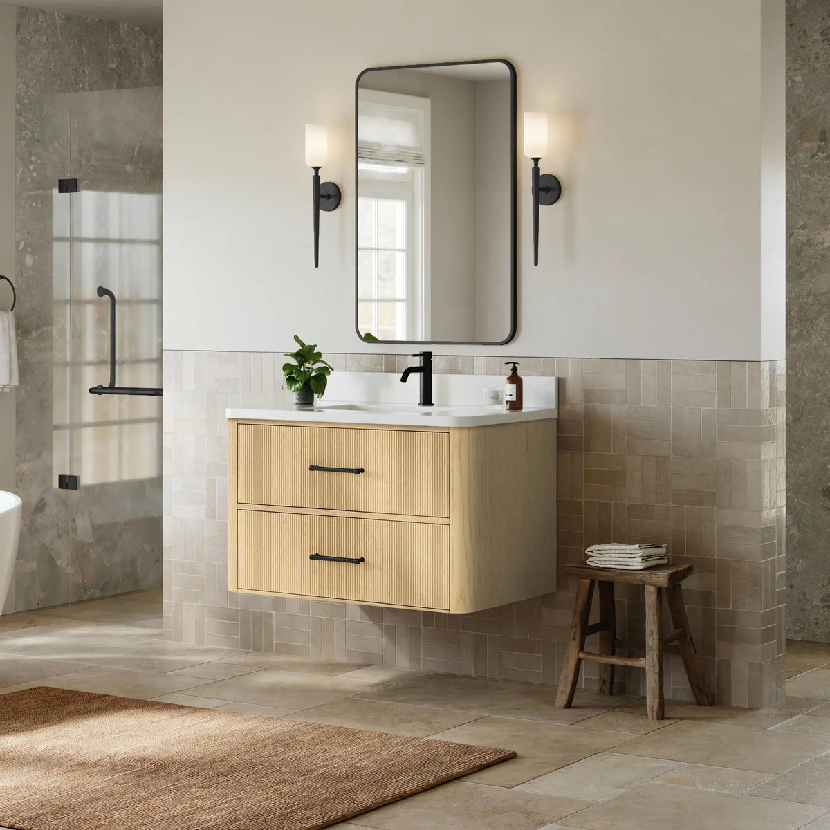 36" Francesca Single Wall Mounted Bathroom Vanity Scandinavian Oak Matte Black Trim by wyndham View 4