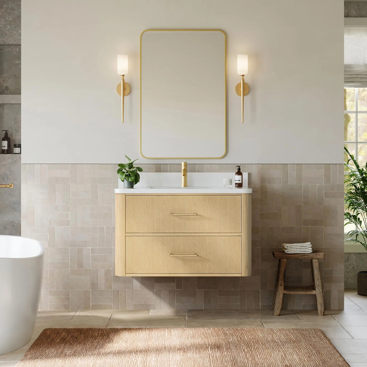 36" Francesca Single Wall Mounted Bathroom Vanity Scandinavian Oak Satin Bronze Trim by wyndham View 2