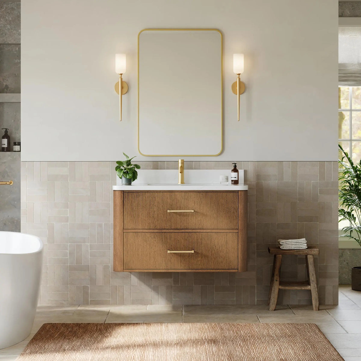 36" Francesca Single Wall Mounted Bathroom Vanity Toasted Walnut Satin Bronze Trim by wyndham View 2