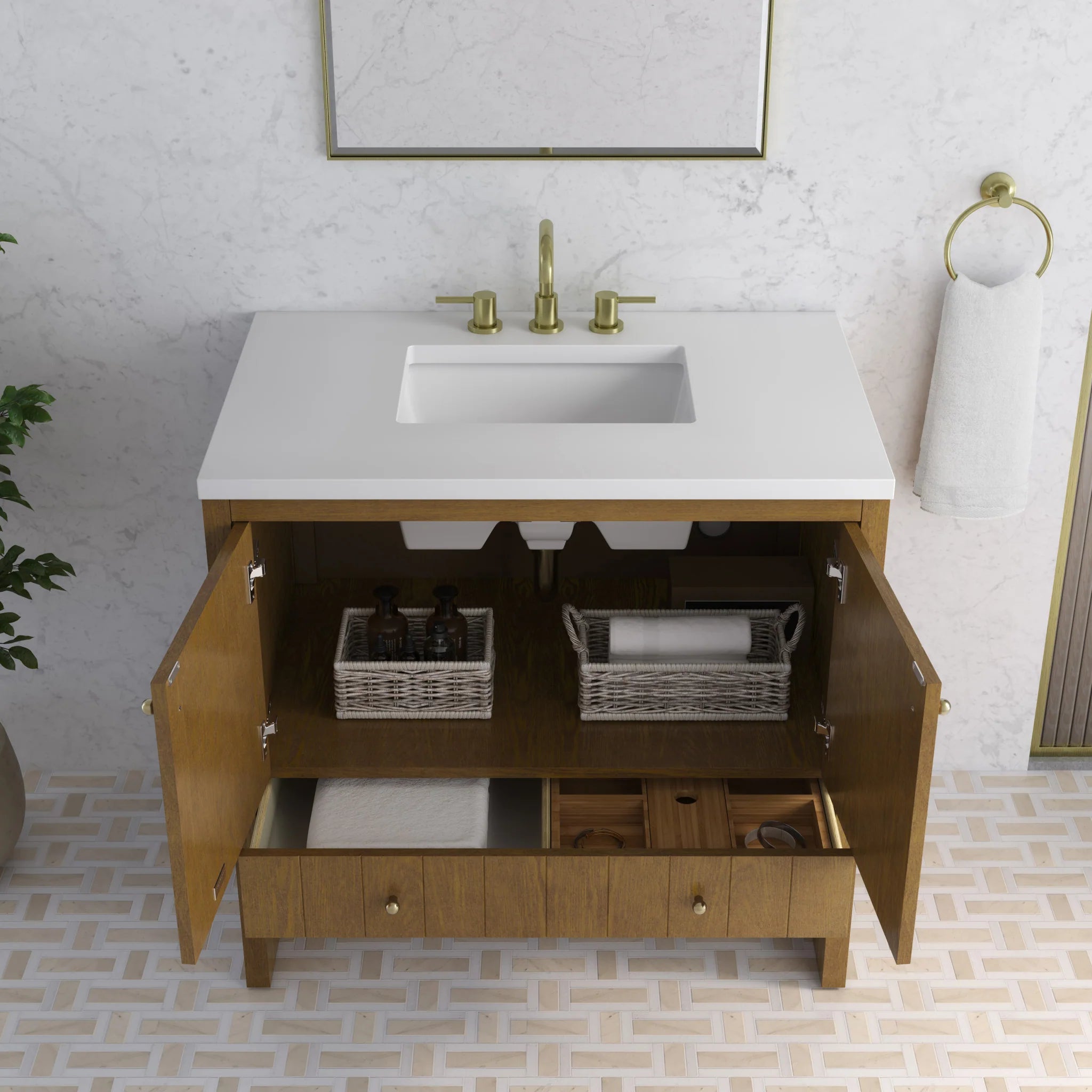 36" Hudson Single Vanity in Honey Oak by James Martin Vanities-White Zeus Silestone 7