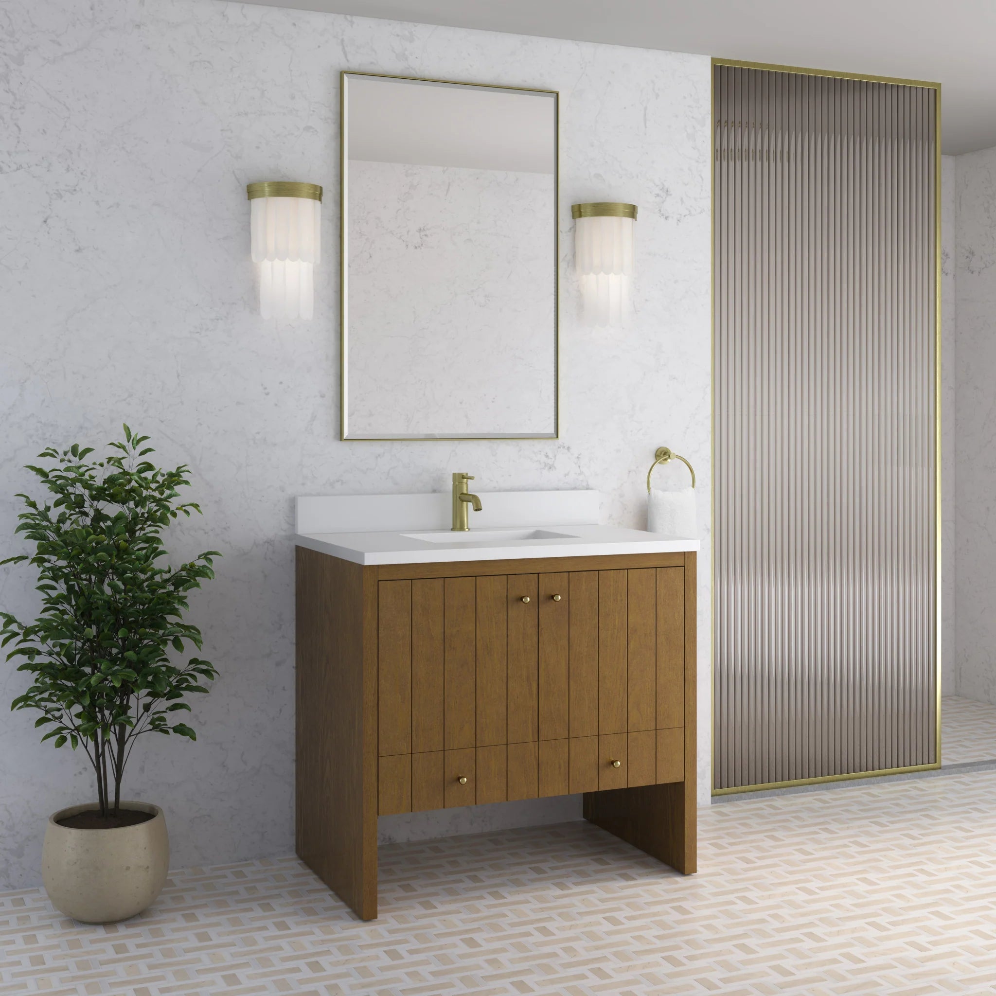 36" Hudson Single Vanity in Honey Oak by James Martin Vanities-White Zeus Silestone & Backsplash 3