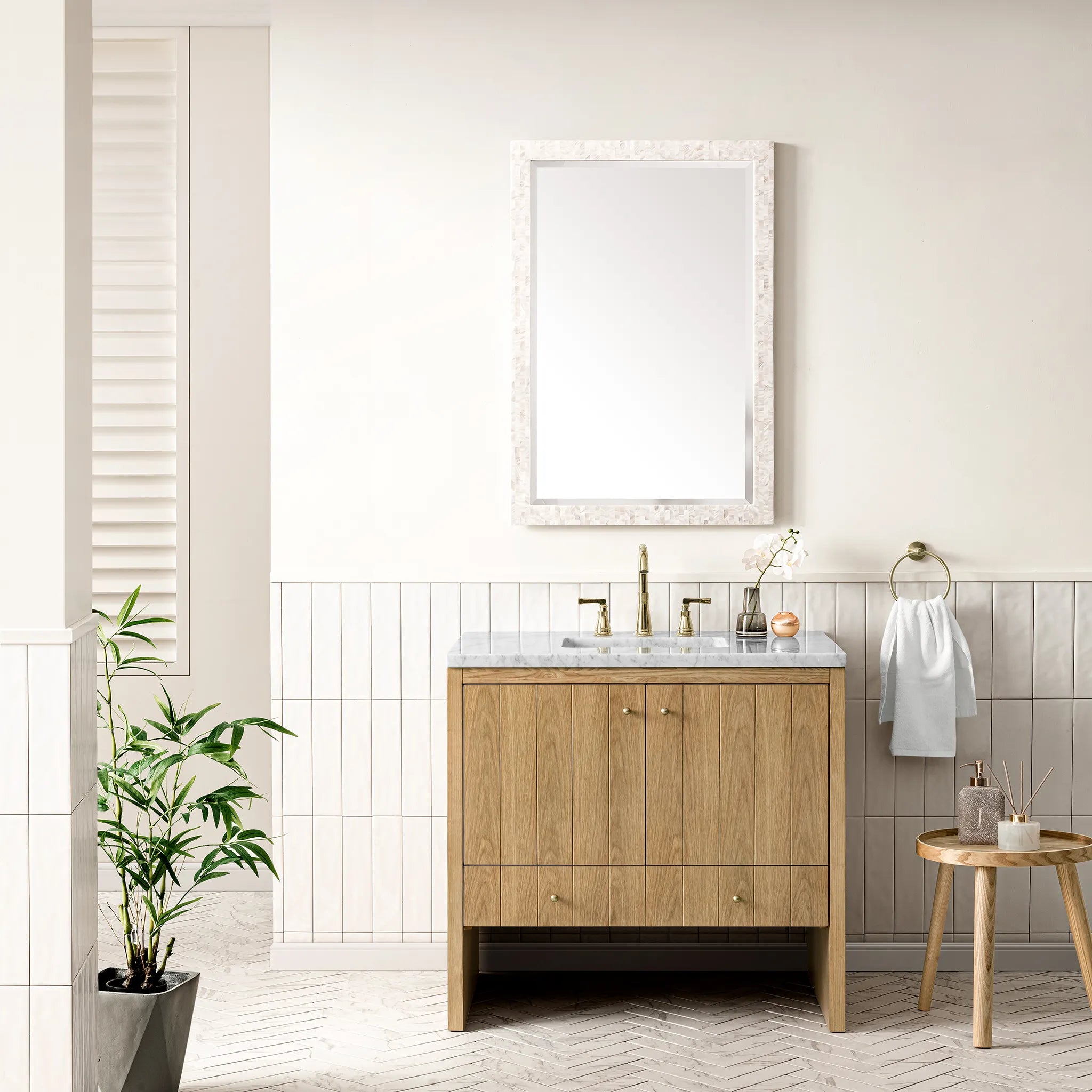 36" Hudson Single Vanity in Light Natural Oak-Carrara White Marble-8" Widespread image 1