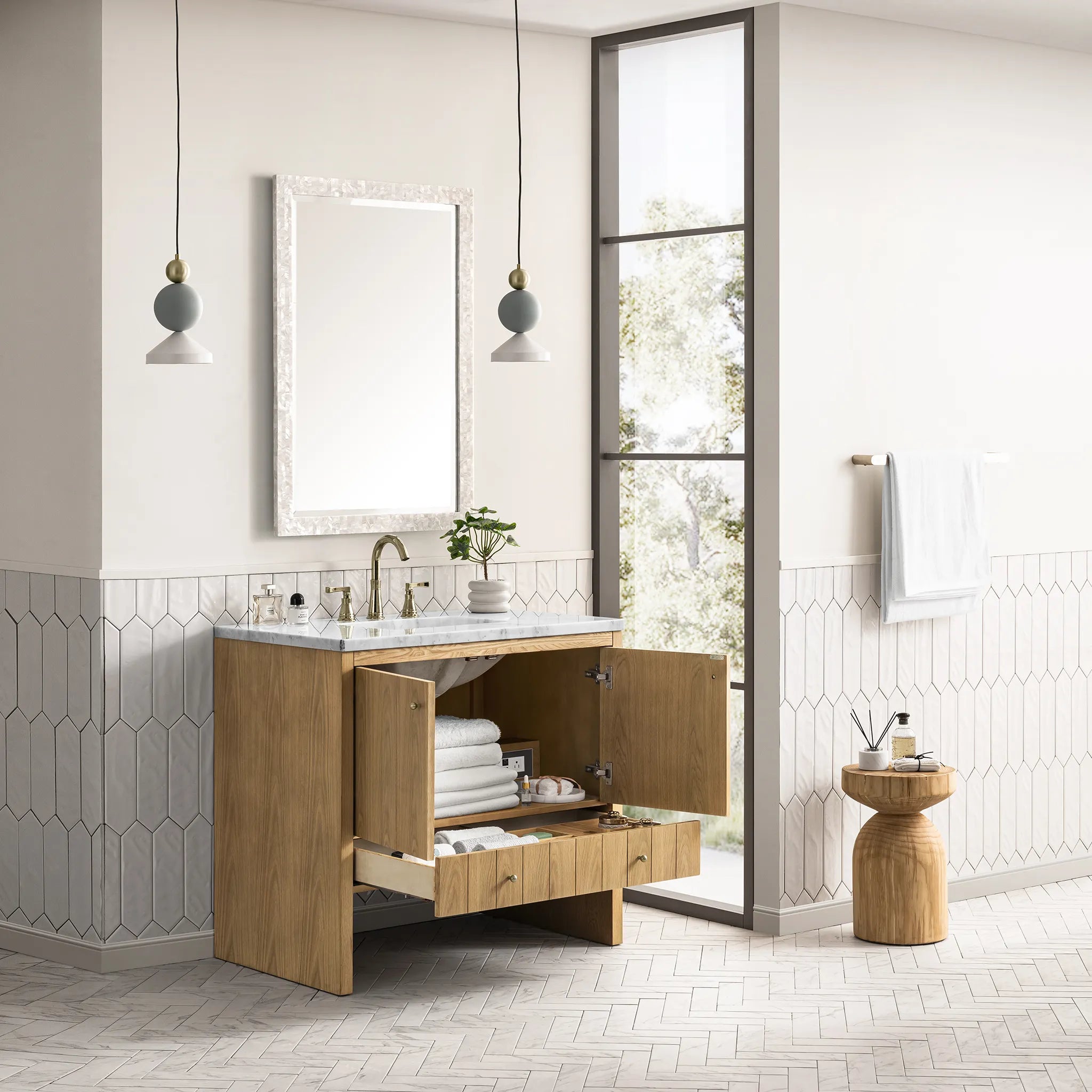 36" Hudson Single Vanity in Light Natural Oak-Carrara White Marble-8" Widespread image 2