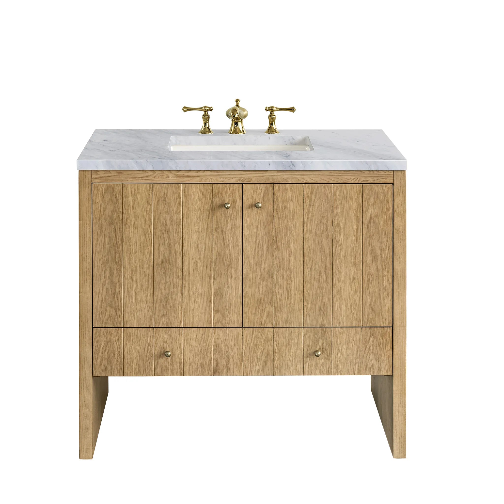 36" Hudson Single Vanity in Light Natural Oak-Carrara White Marble-8" Widespread image