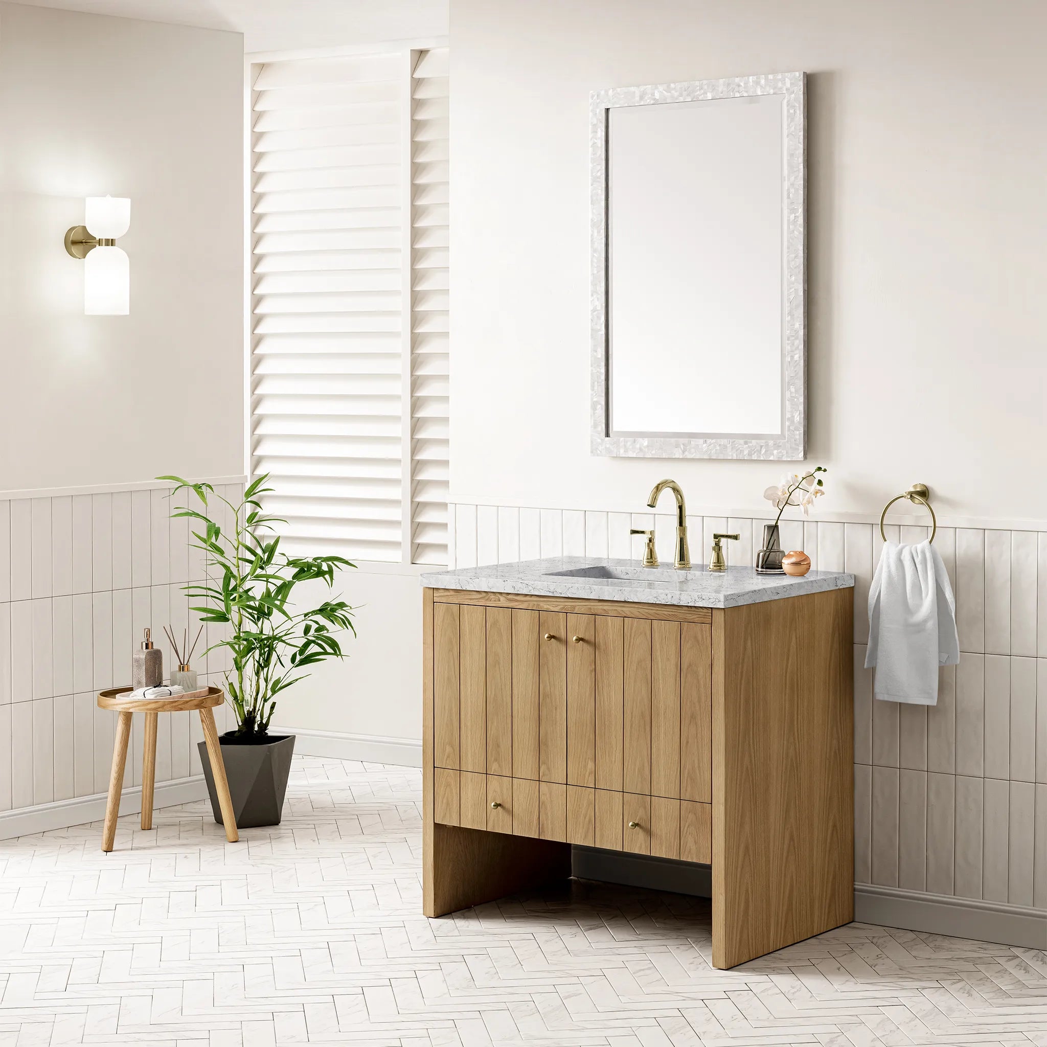 36" Hudson Single Vanity in Light Natural Oak-Eternal Jasmine Pearl Silestone-8" Widespread image 2