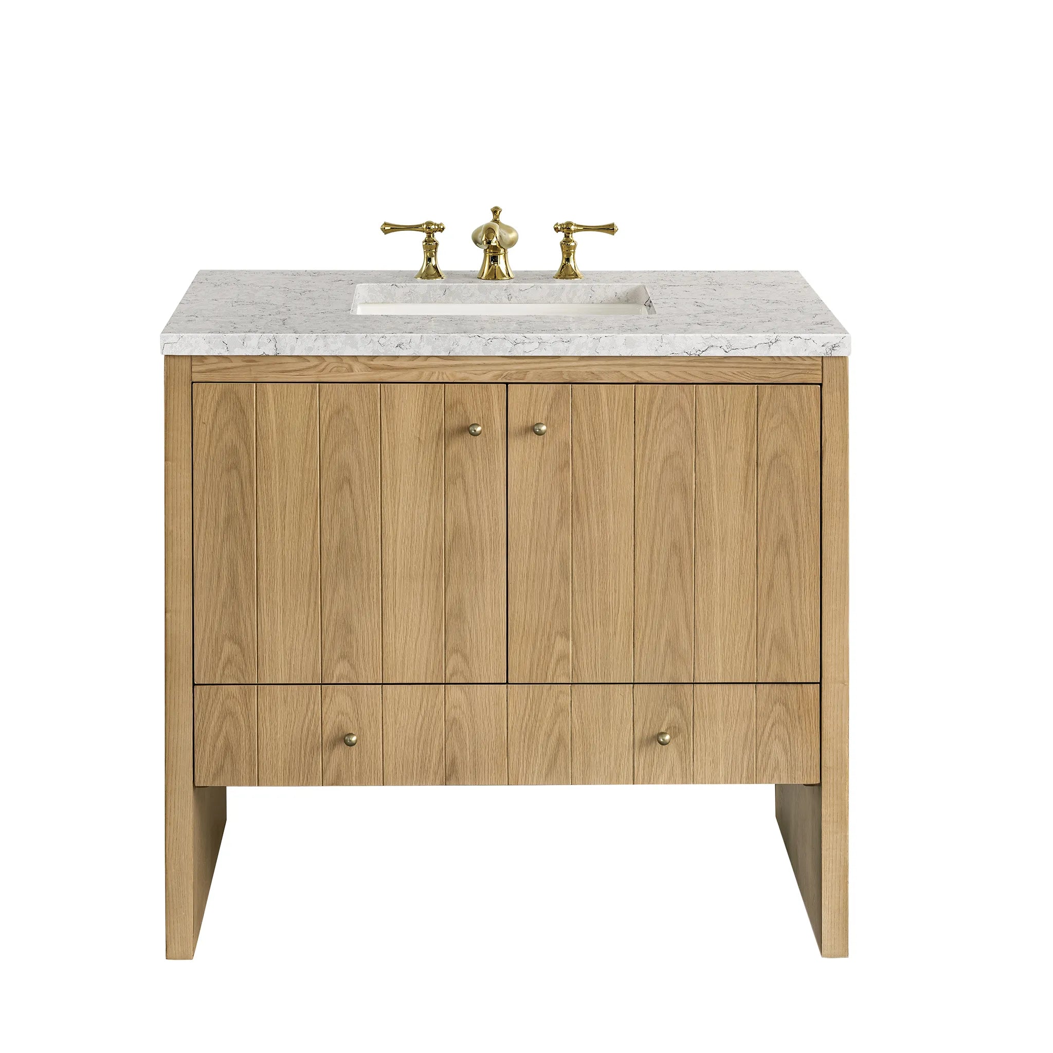 36" Hudson Single Vanity in Light Natural Oak-Eternal Jasmine Pearl Silestone-8" Widespread image