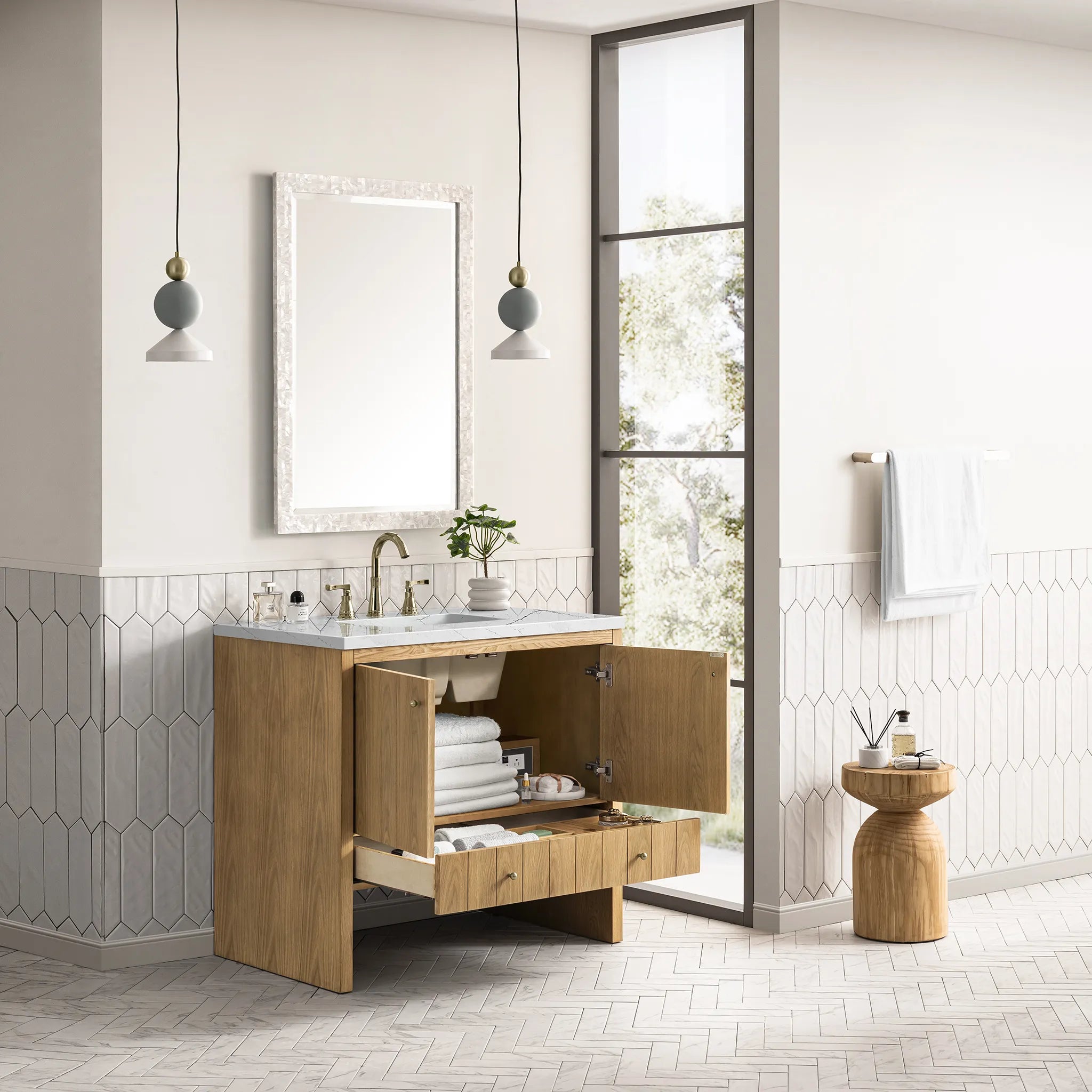 36" Hudson Single Vanity in Light Natural Oak-Ethereal Noctis Silestone-8" Widespread image 3