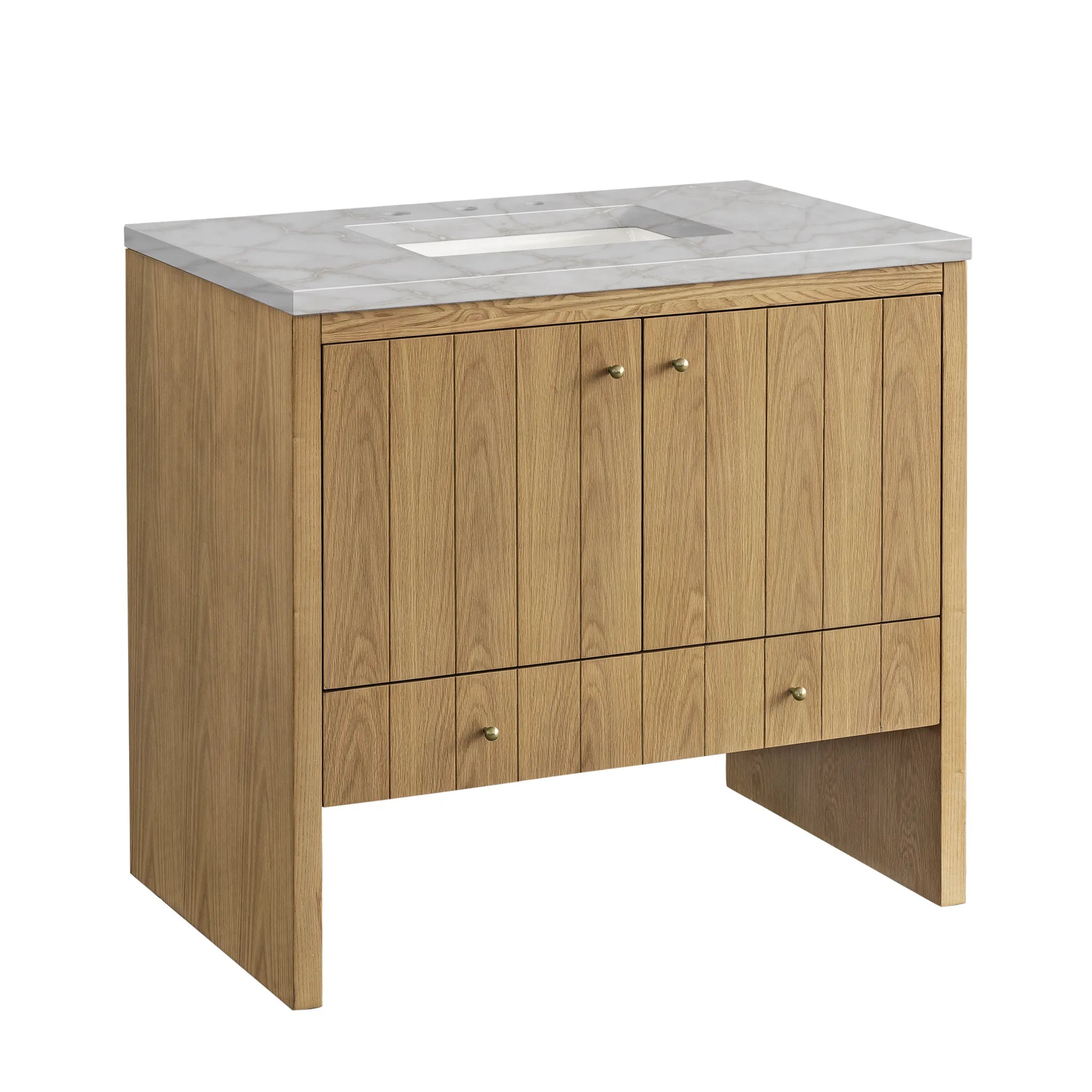 36" Hudson Single Vanity in Light Natural Oak-Victorian Silver Silestone-8" Widespread image 5
