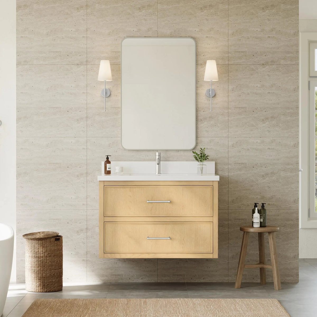36" Isola Single Wall Mounted Bathroom Vanity Scandinavian Oak Brushed Nickel Trim by wyndham View 10