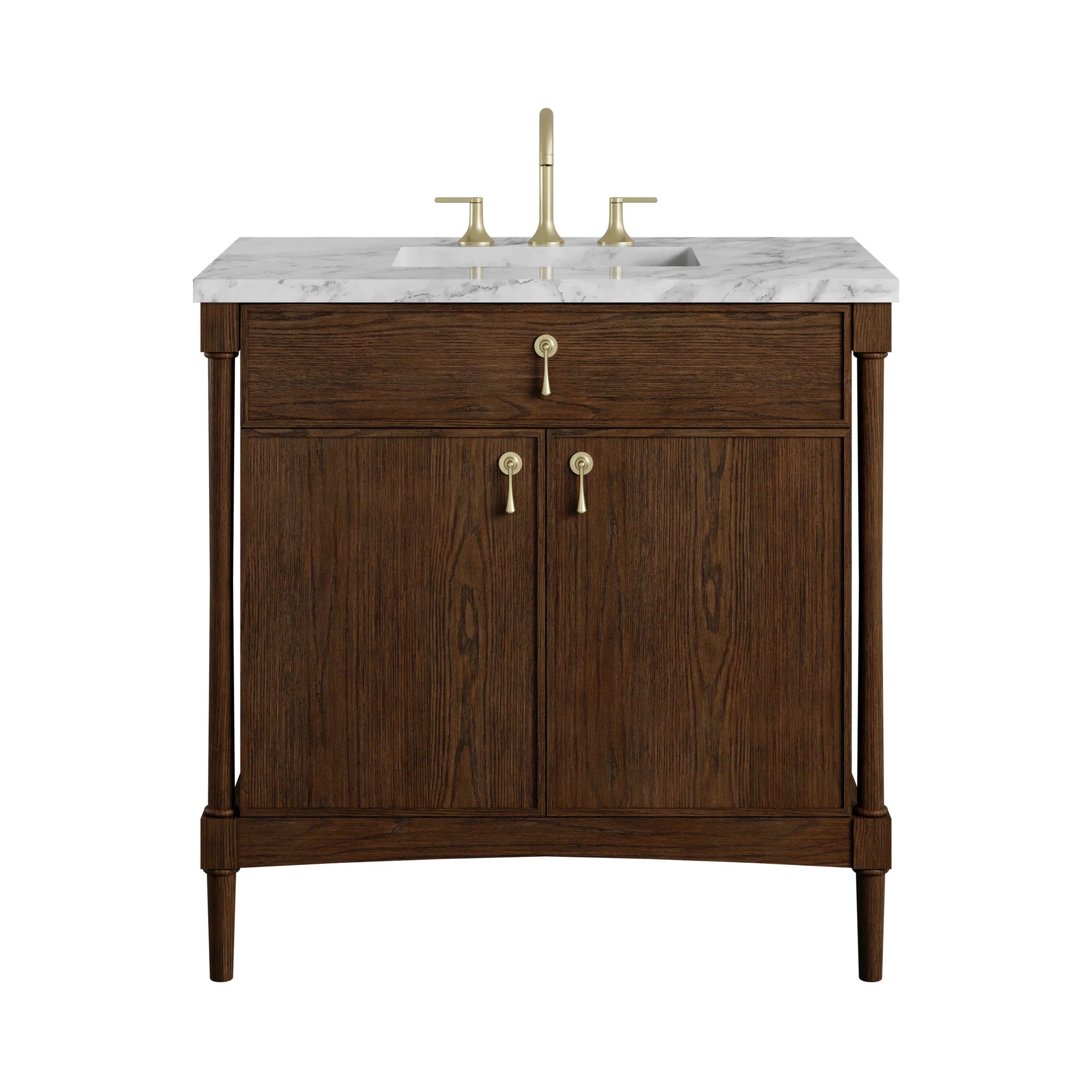 36" Kinnsden Single Vanity in Sable Oak by James Martin Vanities-Carrara White Marble