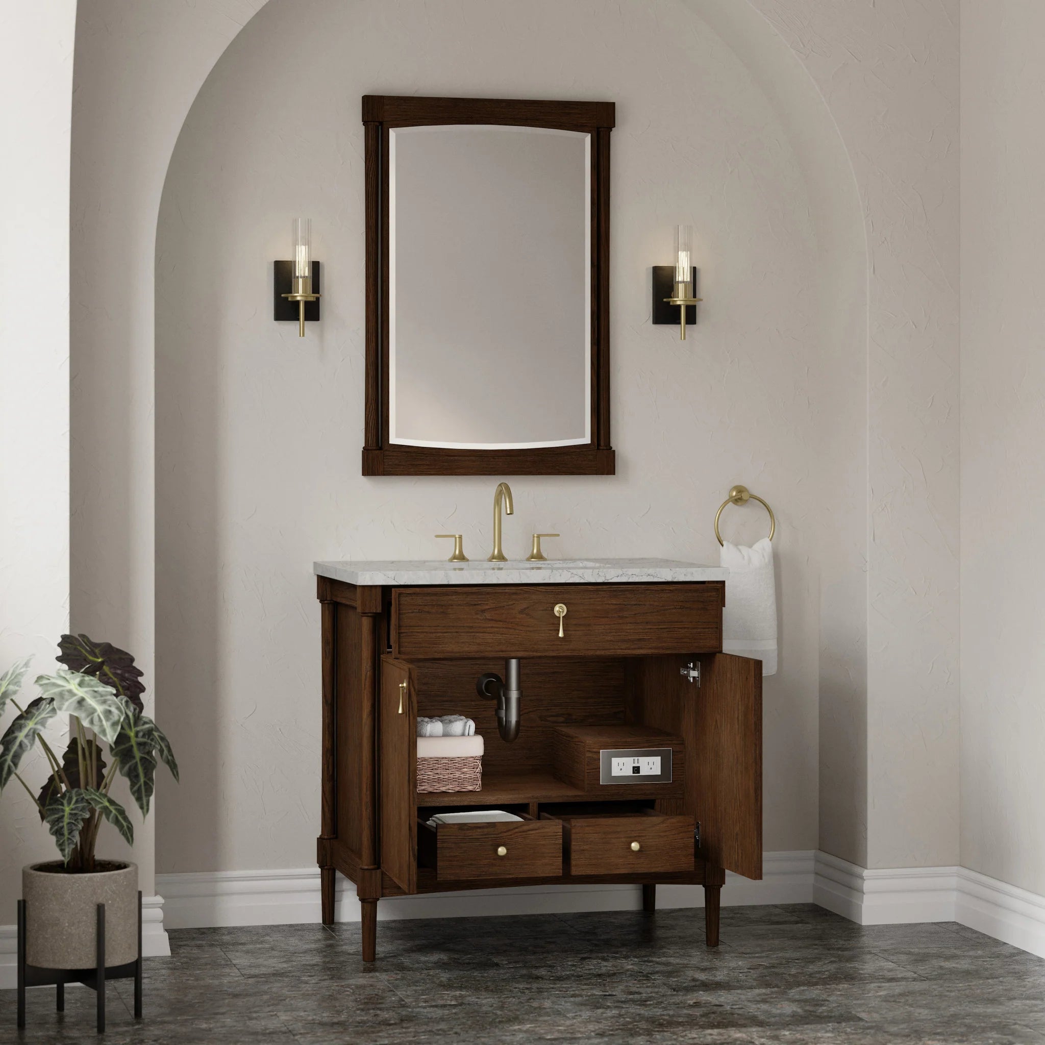 36" Kinnsden Single Vanity in Sable Oak by James Martin Vanities-Eternal Jasmine Pearl Silestone 3