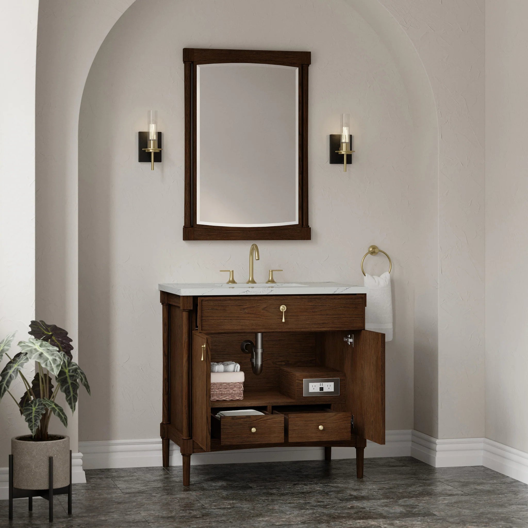 36" Kinnsden Single Vanity in Sable Oak by James Martin Vanities-Ethereal Noctis Silestone 3