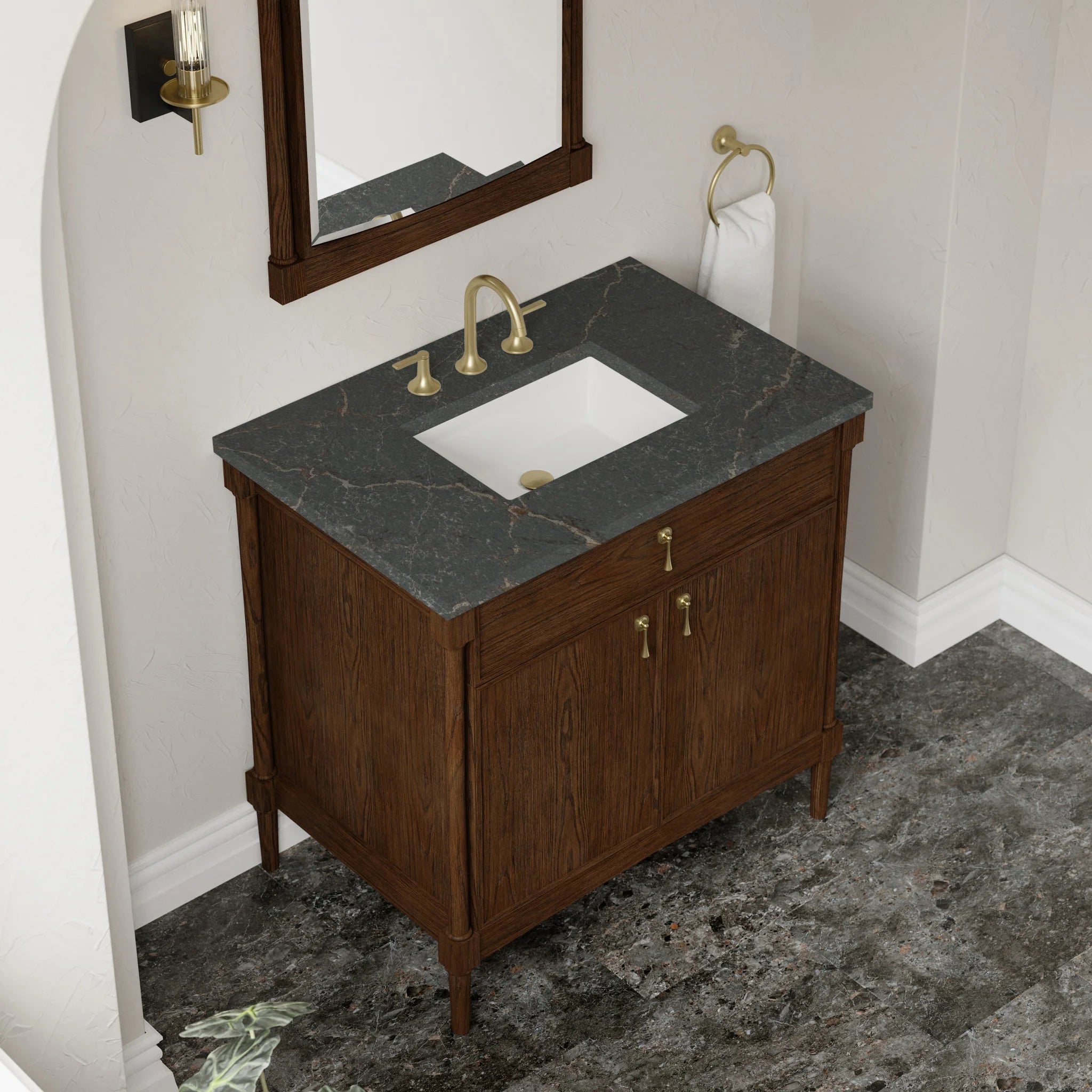 36" Kinnsden Single Vanity in Sable Oak by James Martin Vanities-Parisien Bleu Silestone 5