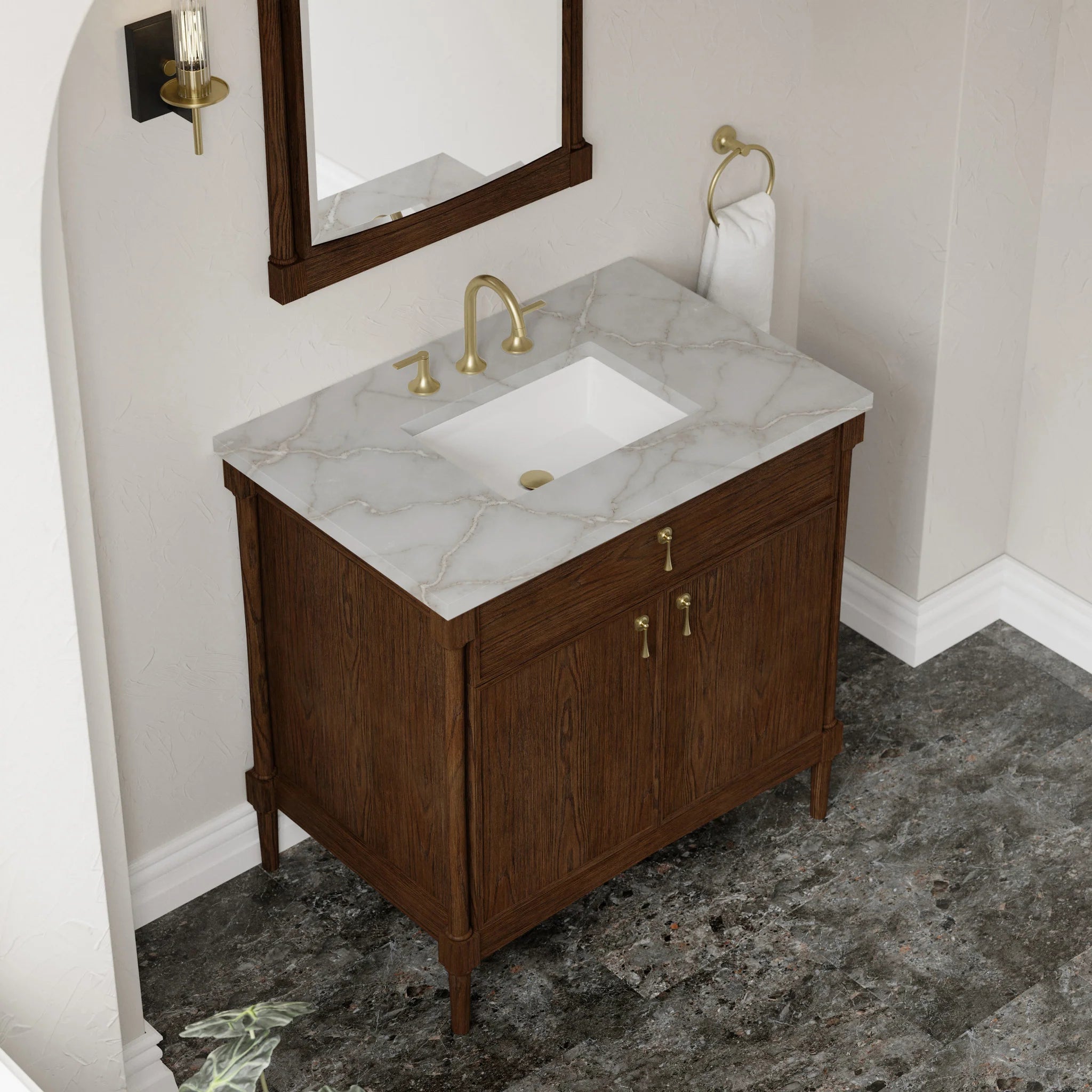 36" Kinnsden Single Vanity in Sable Oak by James Martin Vanities-Victorian Silver Silestone 5