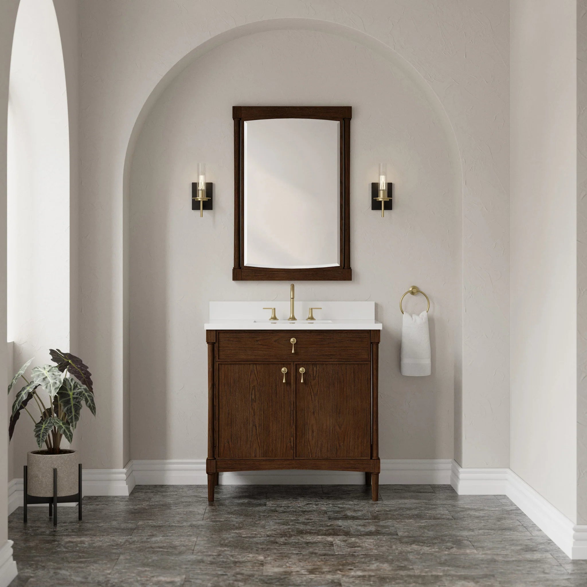 36" Kinnsden Single Vanity in Sable Oak by James Martin Vanities-White Zeus Silestone 4
