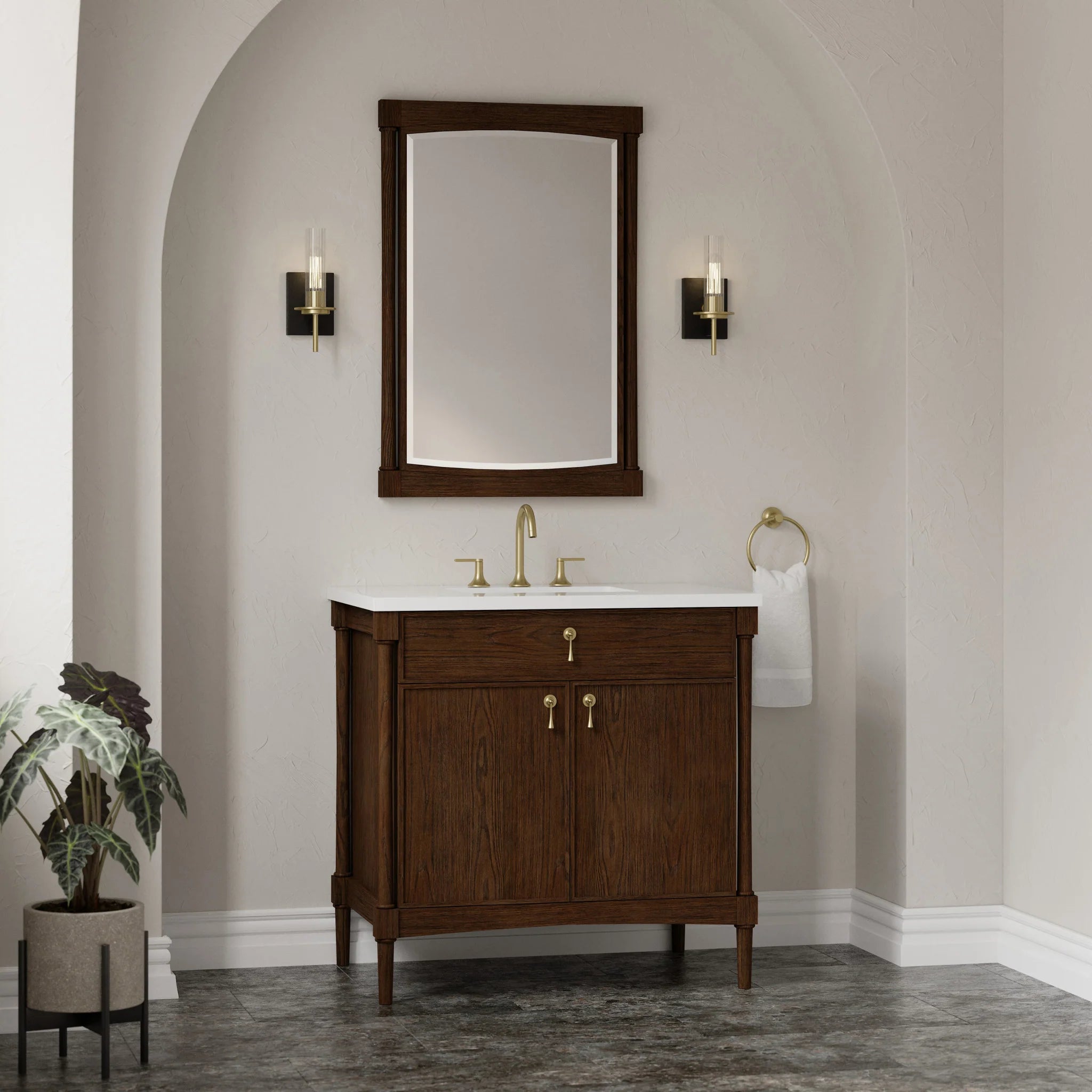 36" Kinnsden Single Vanity in Sable Oak by James Martin Vanities-White Zeus Silestone 5