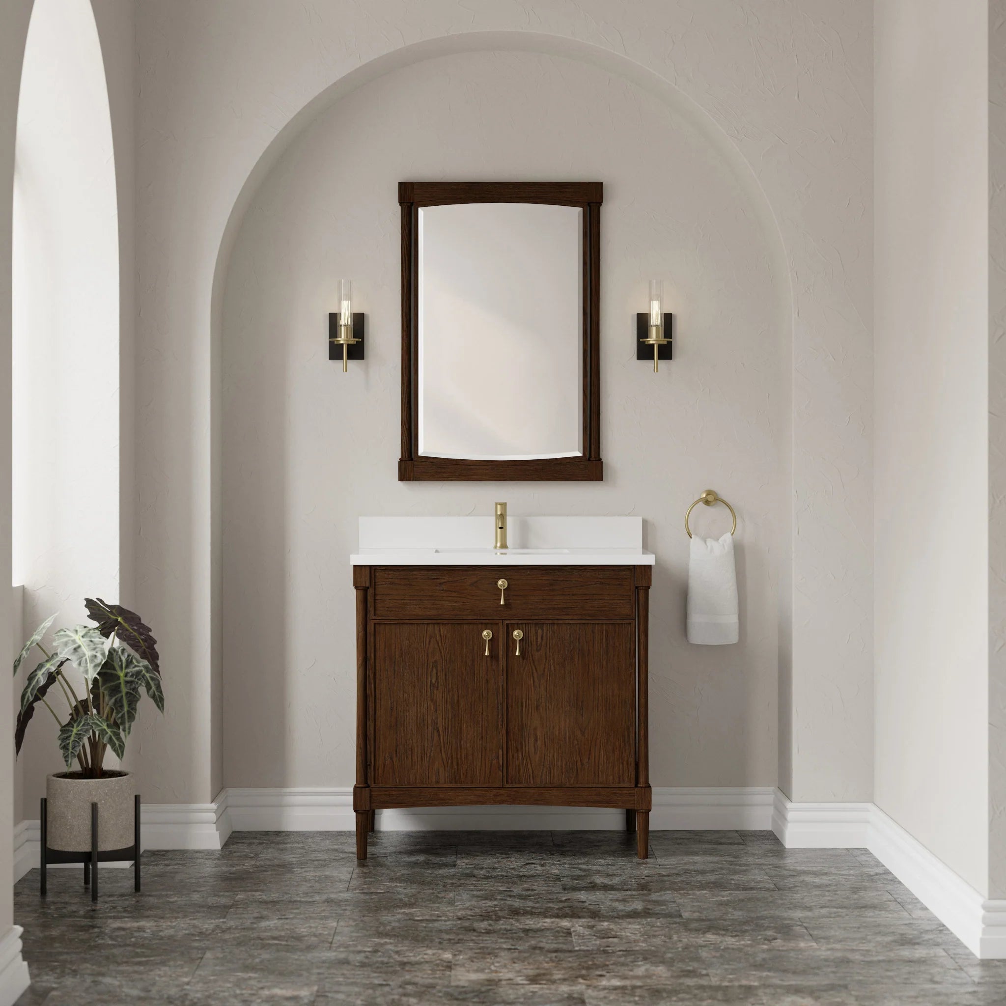 36" Kinnsden Single Vanity in Sable Oak by James Martin Vanities-White Zeus Silestone & Backsplash 1
