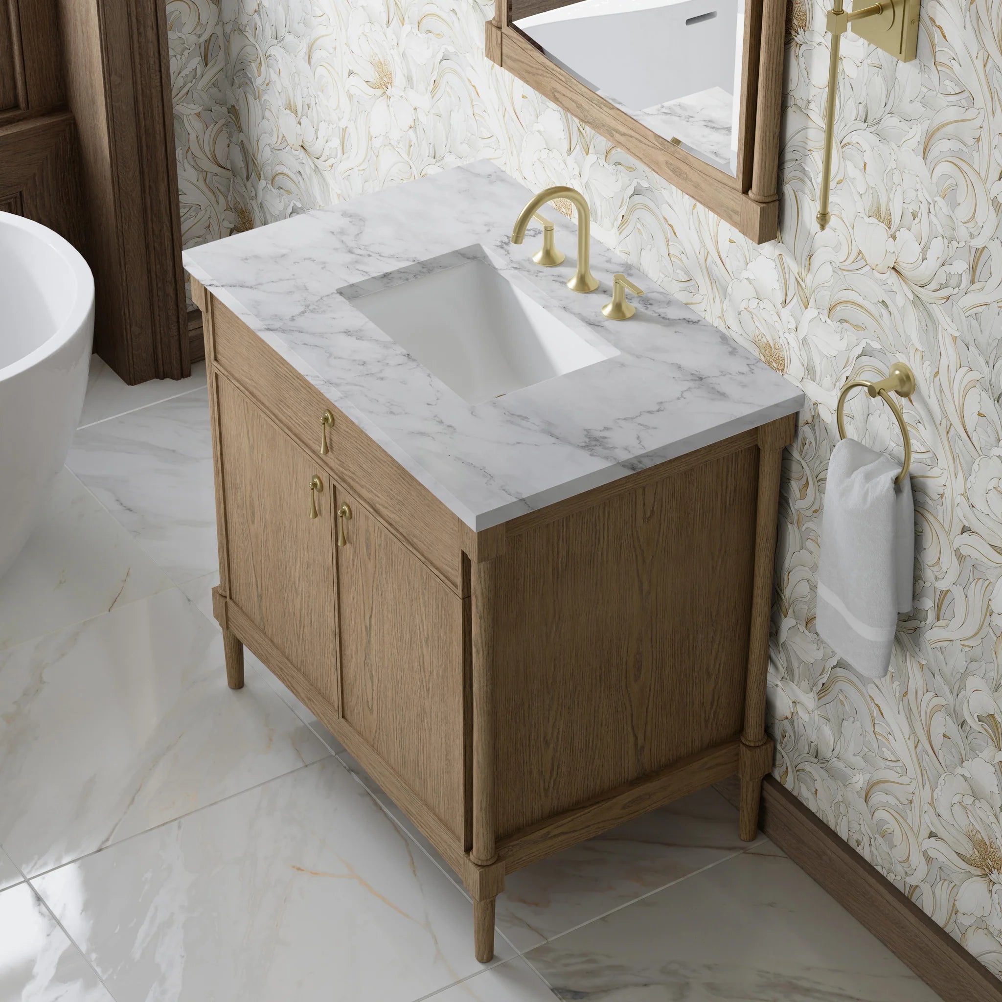 36" Kinnsden Single Vanity in Weathered Oak by James Martin Vanities-Carrara White Marble 5