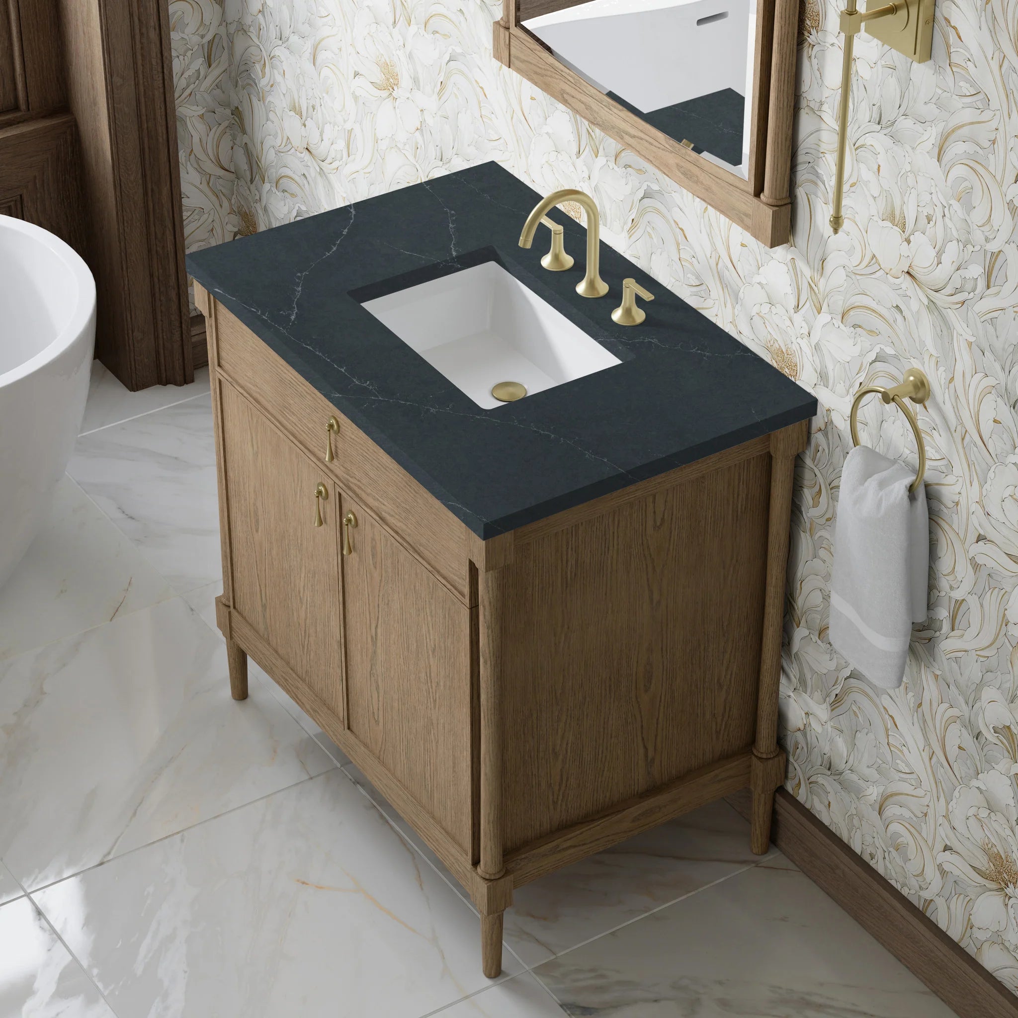 36" Kinnsden Single Vanity in Weathered Oak by James Martin Vanities-Charcoal Soapstone Silestone 5