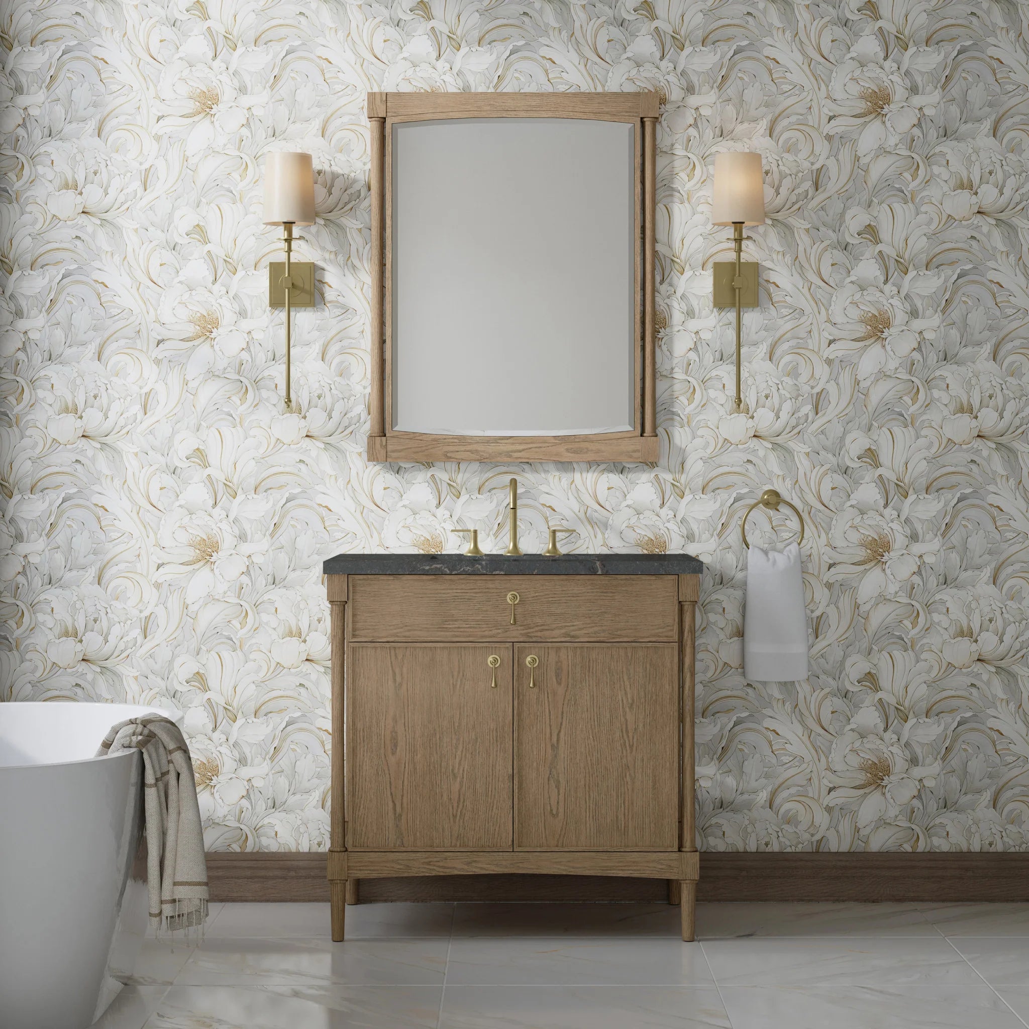 36" Kinnsden Single Vanity in Weathered Oak by James Martin Vanities-Parisien Bleu Silestone 1