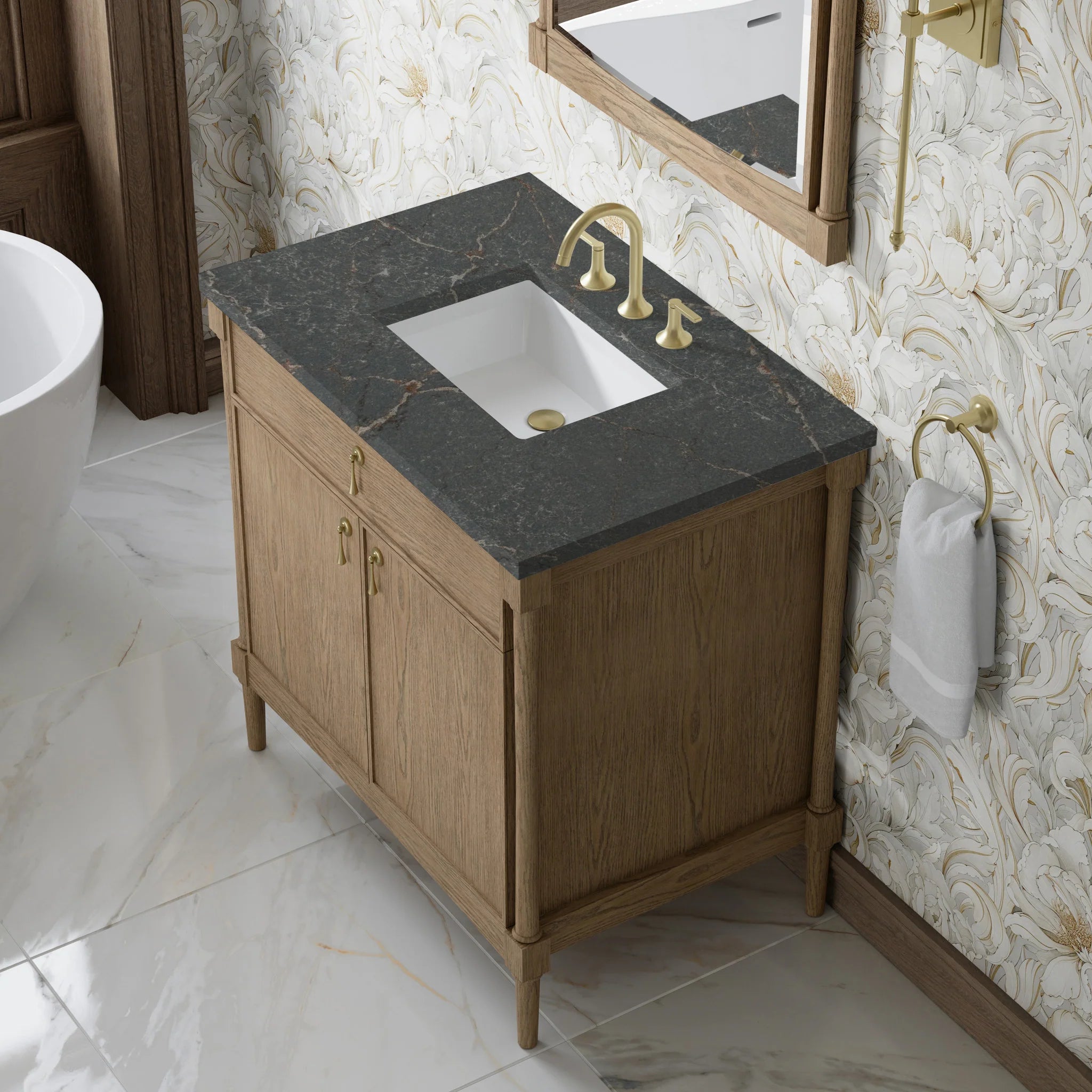 36" Kinnsden Single Vanity in Weathered Oak by James Martin Vanities-Parisien Bleu Silestone 5