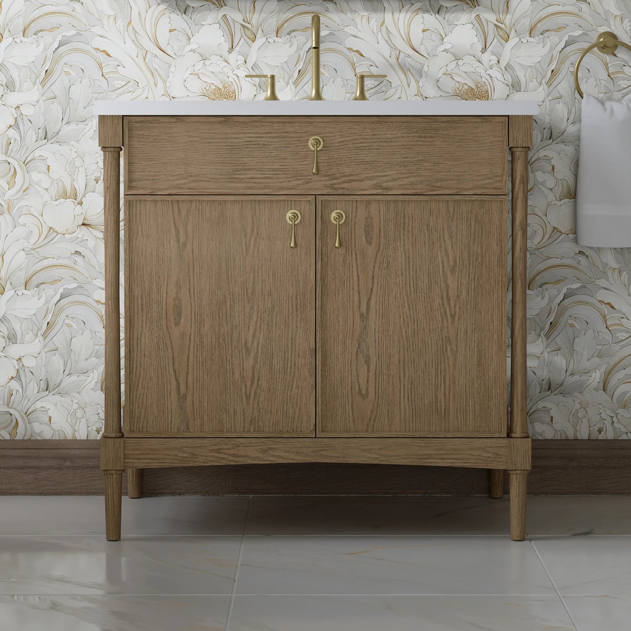 36" Kinnsden Single Vanity in Weathered Oak by James Martin Vanities-White Zeus Silestone 3