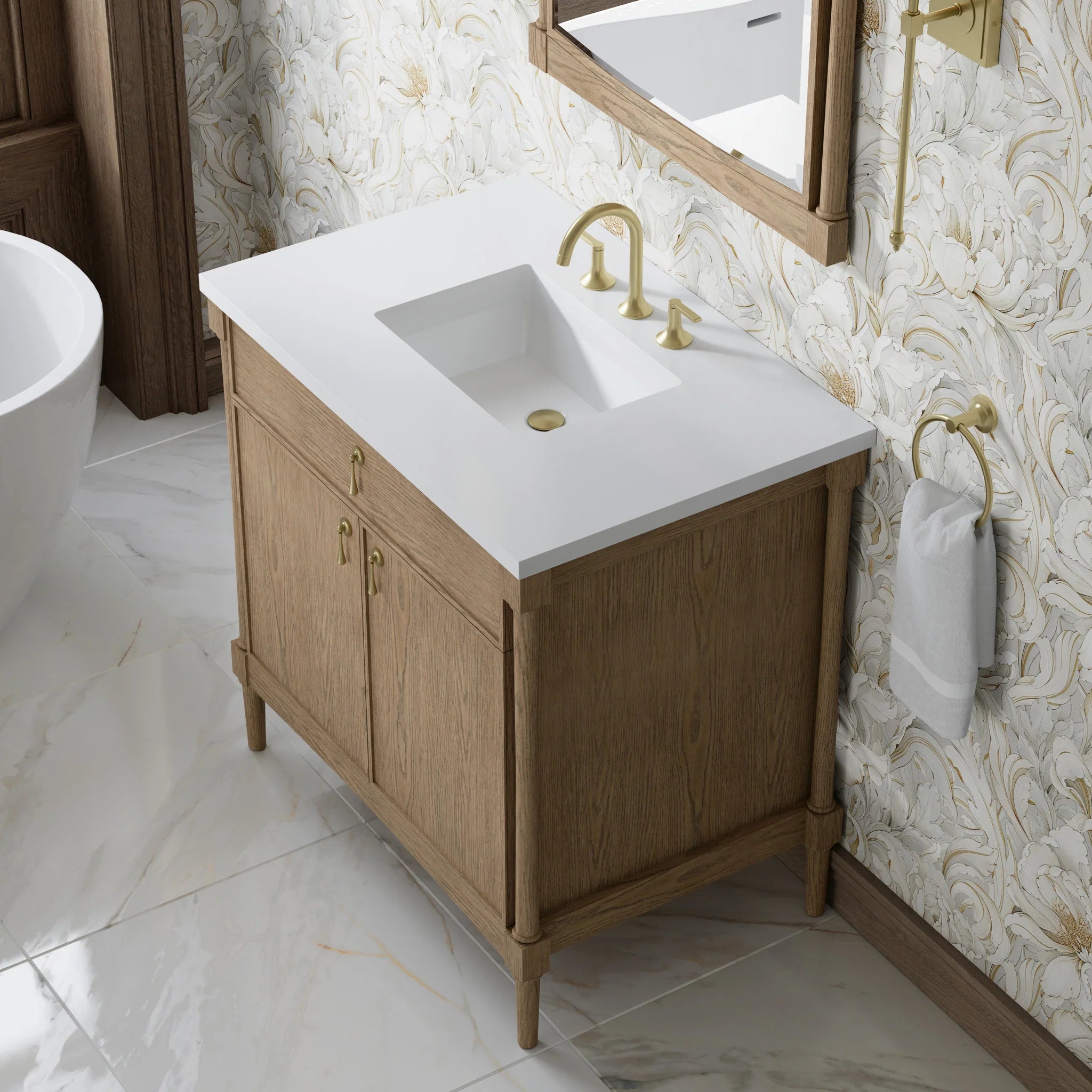 36" Kinnsden Single Vanity in Weathered Oak by James Martin Vanities-White Zeus Silestone 9