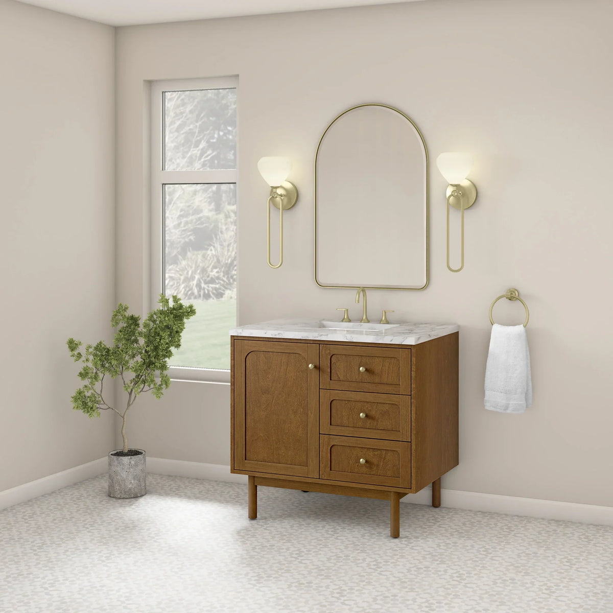 36" Laurent Single Vanity in Light Honey Oak-jmv-Carrara White Marble-8" Widespread image 12