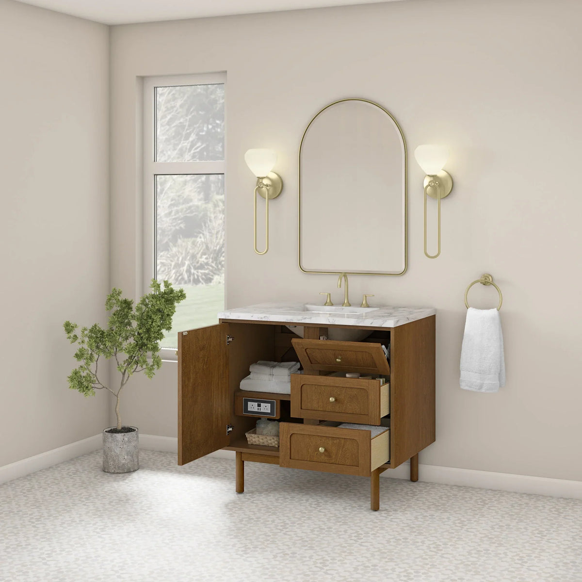 36" Laurent Single Vanity in Light Honey Oak-jmv-Carrara White Marble-8" Widespread image 13