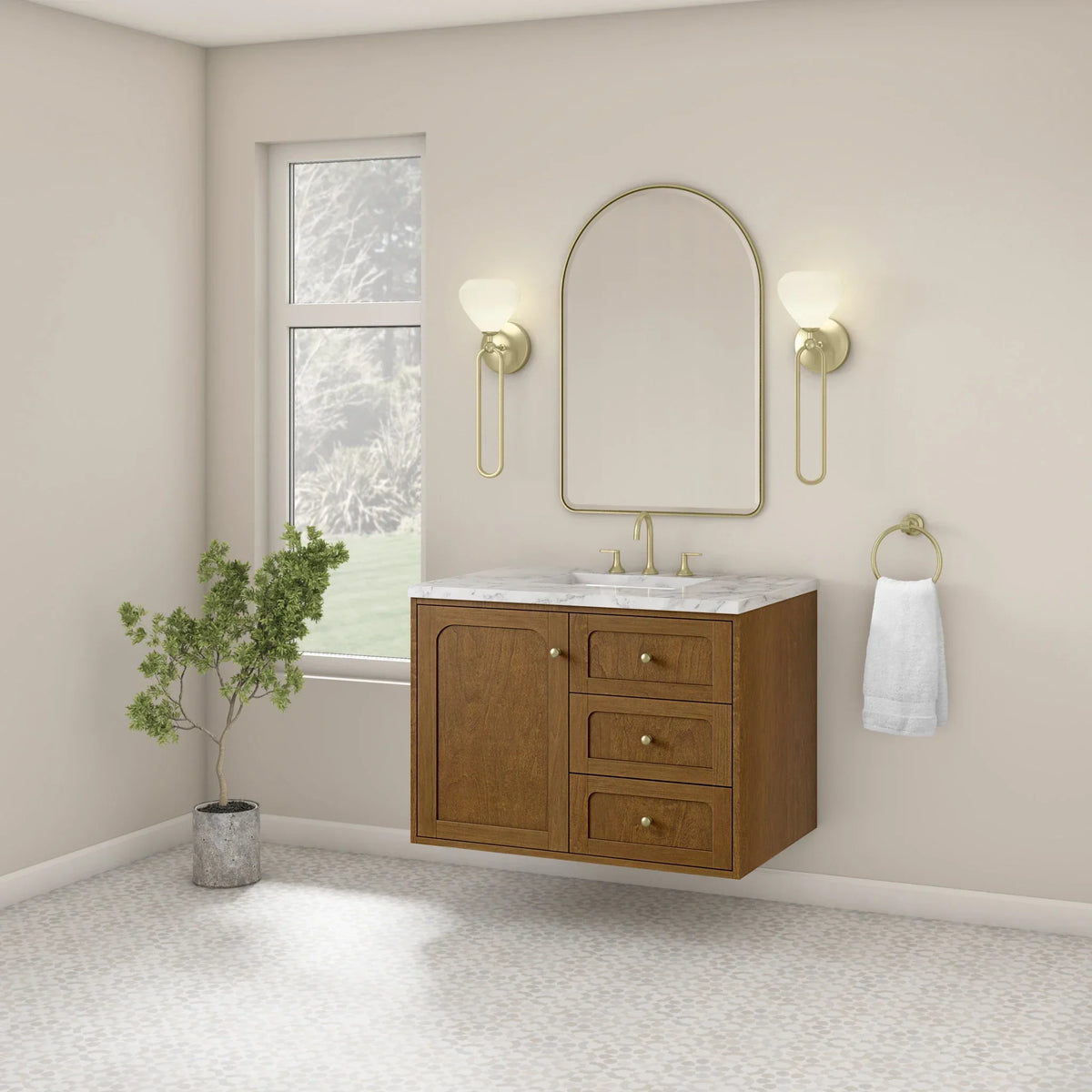 36" Laurent Single Vanity in Light Honey Oak-jmv-Carrara White Marble-8" Widespread image 15