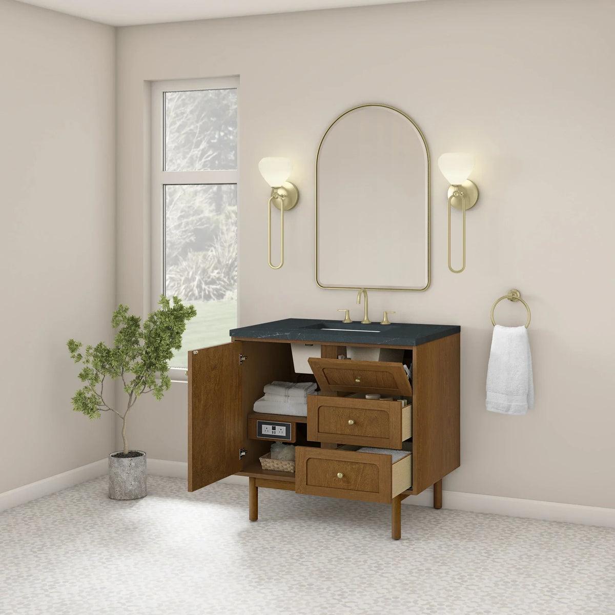 36" Laurent Single Vanity in Light Honey Oak-jmv-Charcoal Soapstone Silestone-8" Widespread image 23