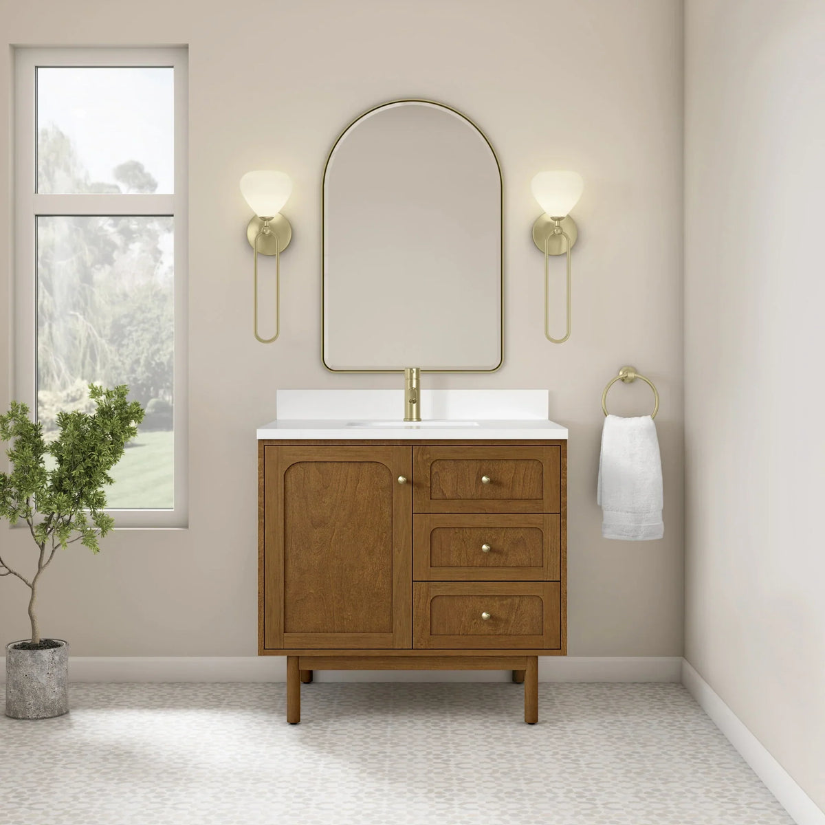 36" Laurent Single Vanity in Light Honey Oak-jmv-White Zeus Silestone & Backsplash-Single Hole image 1