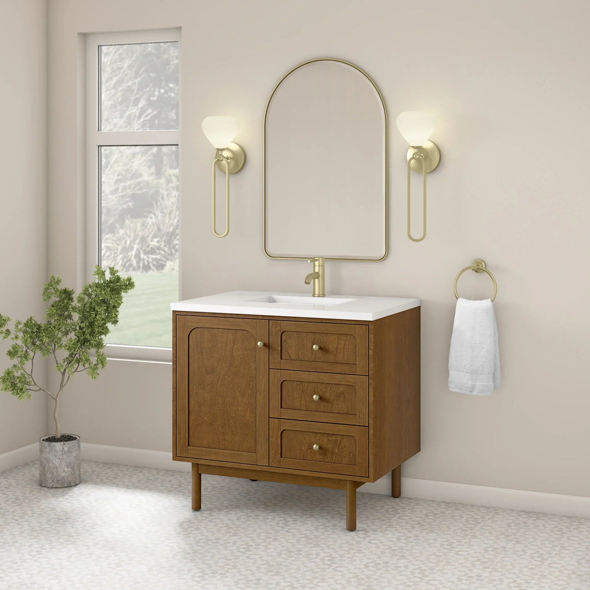 36" Laurent Single Vanity in Light Honey Oak-jmv-White Zeus Silestone & Backsplash-Single Hole image 5