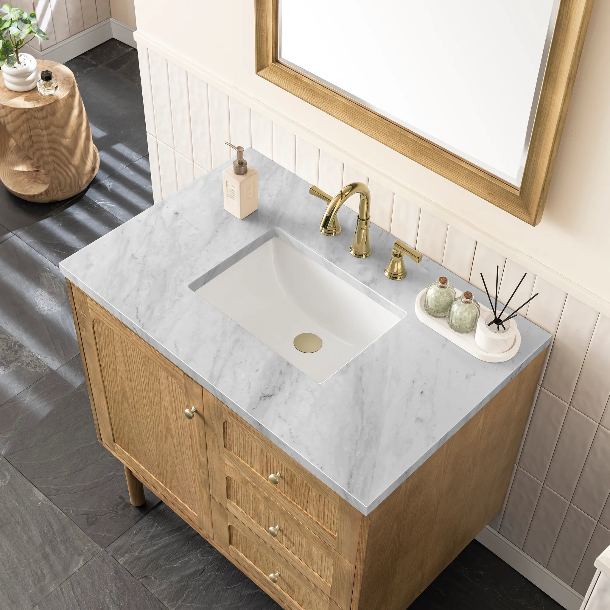 36" Laurent Single Vanity in Light Natural Oak-Carrara White Marble-8" Widespread image 7