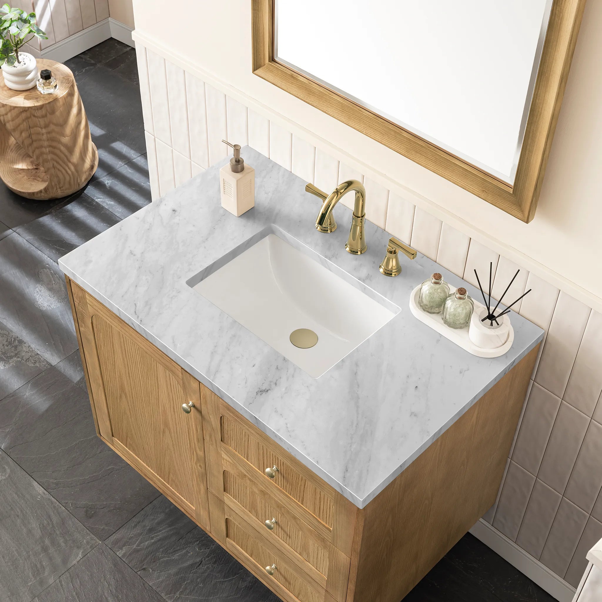 36" Laurent Single Vanity in Light Natural Oak-Carrara White Marble-8" Widespread image 8