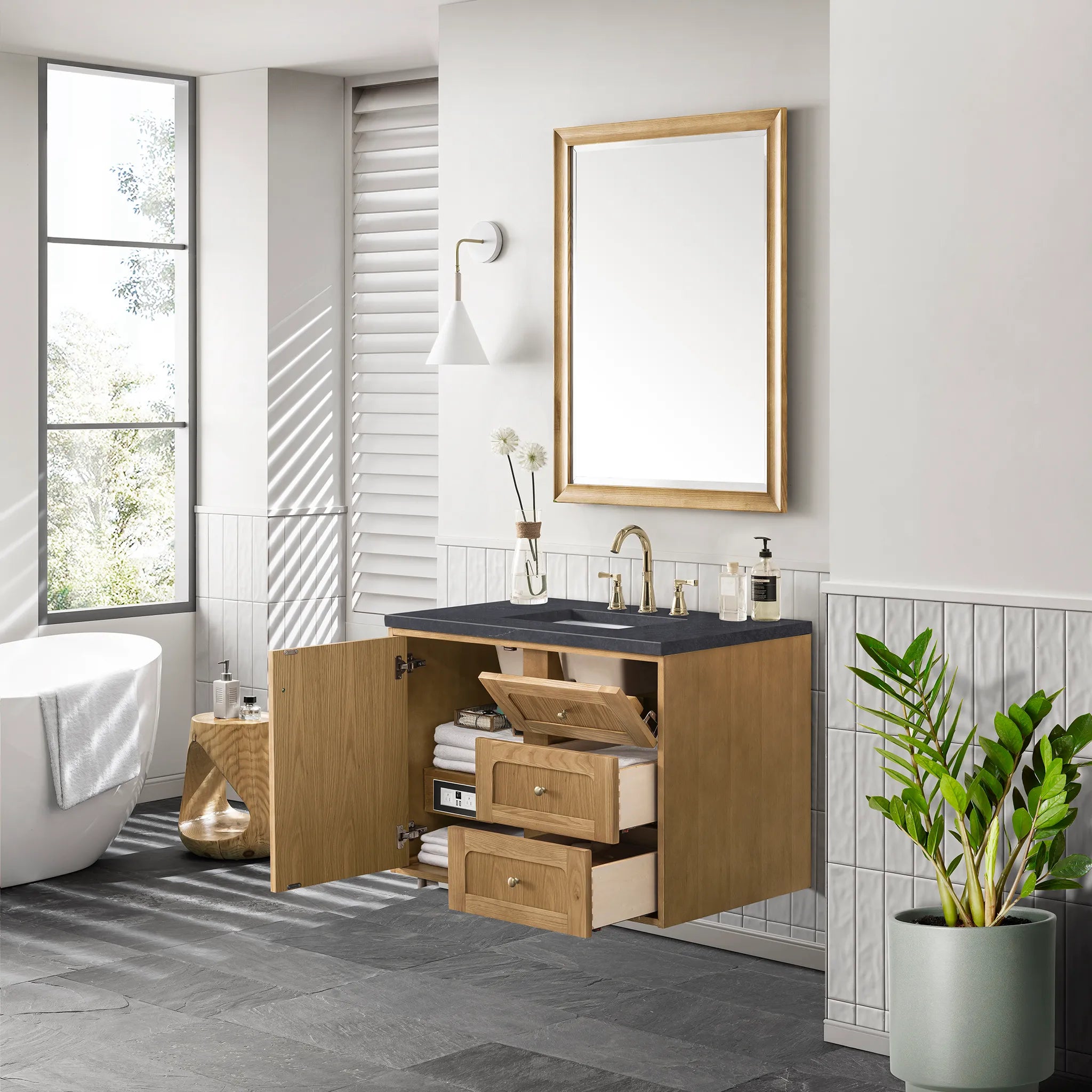 36" Laurent Single Vanity in Light Natural Oak-Charcoal Soapstone Silestone-8" Widespread image 5