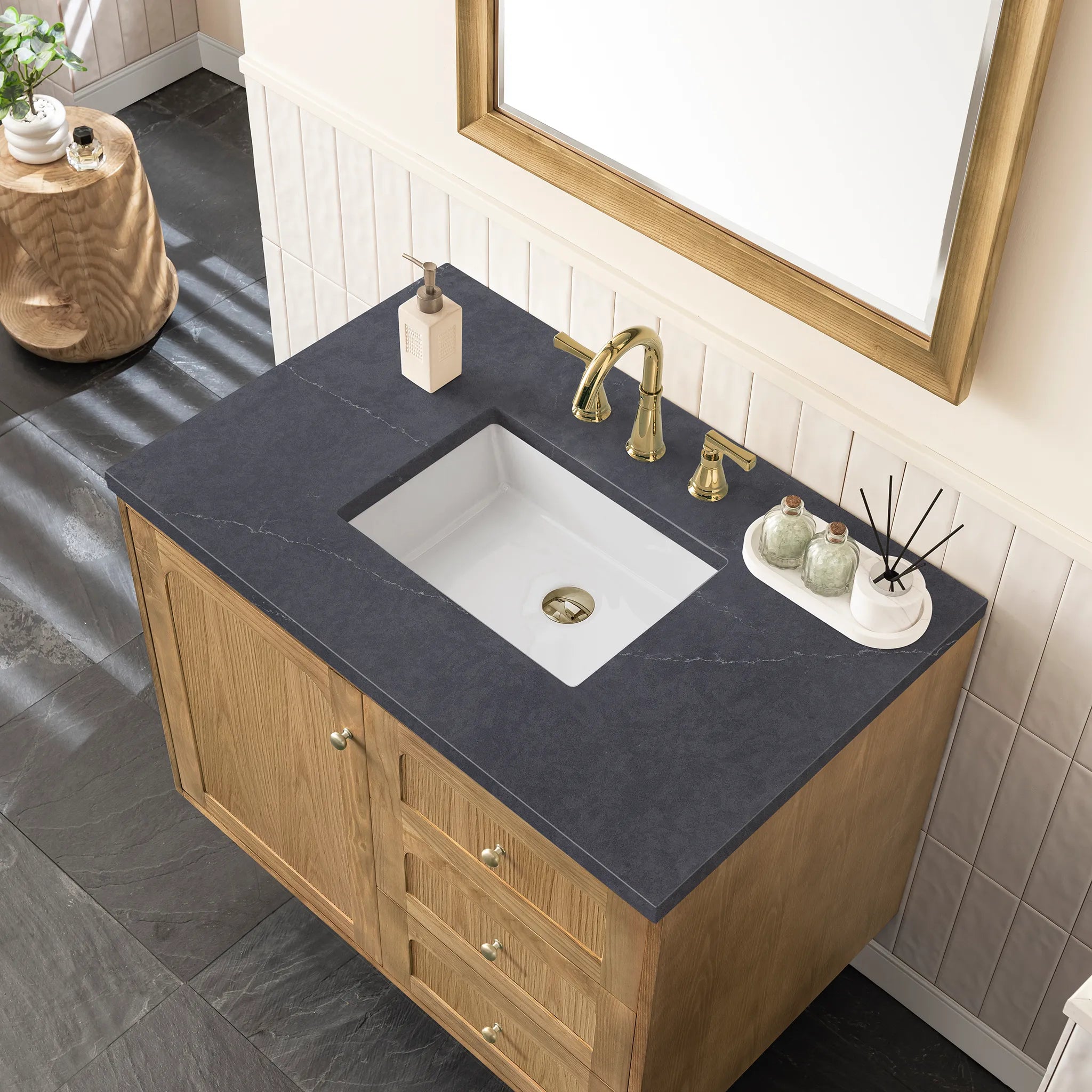 36" Laurent Single Vanity in Light Natural Oak-Charcoal Soapstone Silestone-8" Widespread image 8
