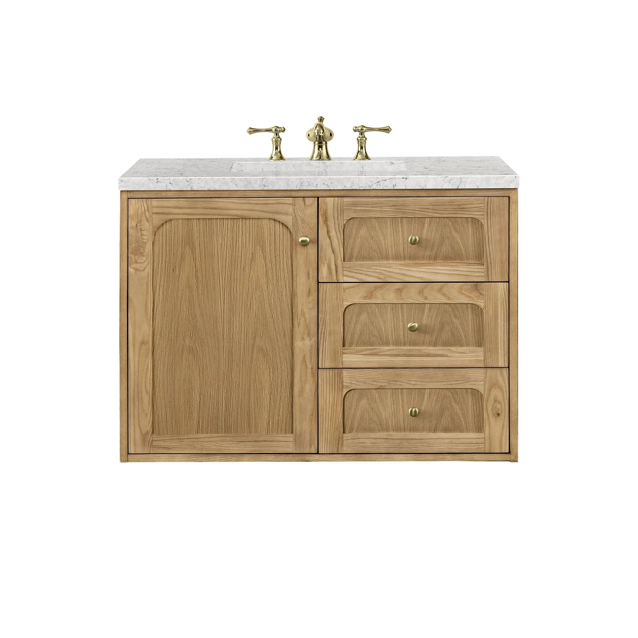 36" Laurent Single Vanity in Light Natural Oak-Eternal Jasmine Pearl Silestone-8" Widespread image 1