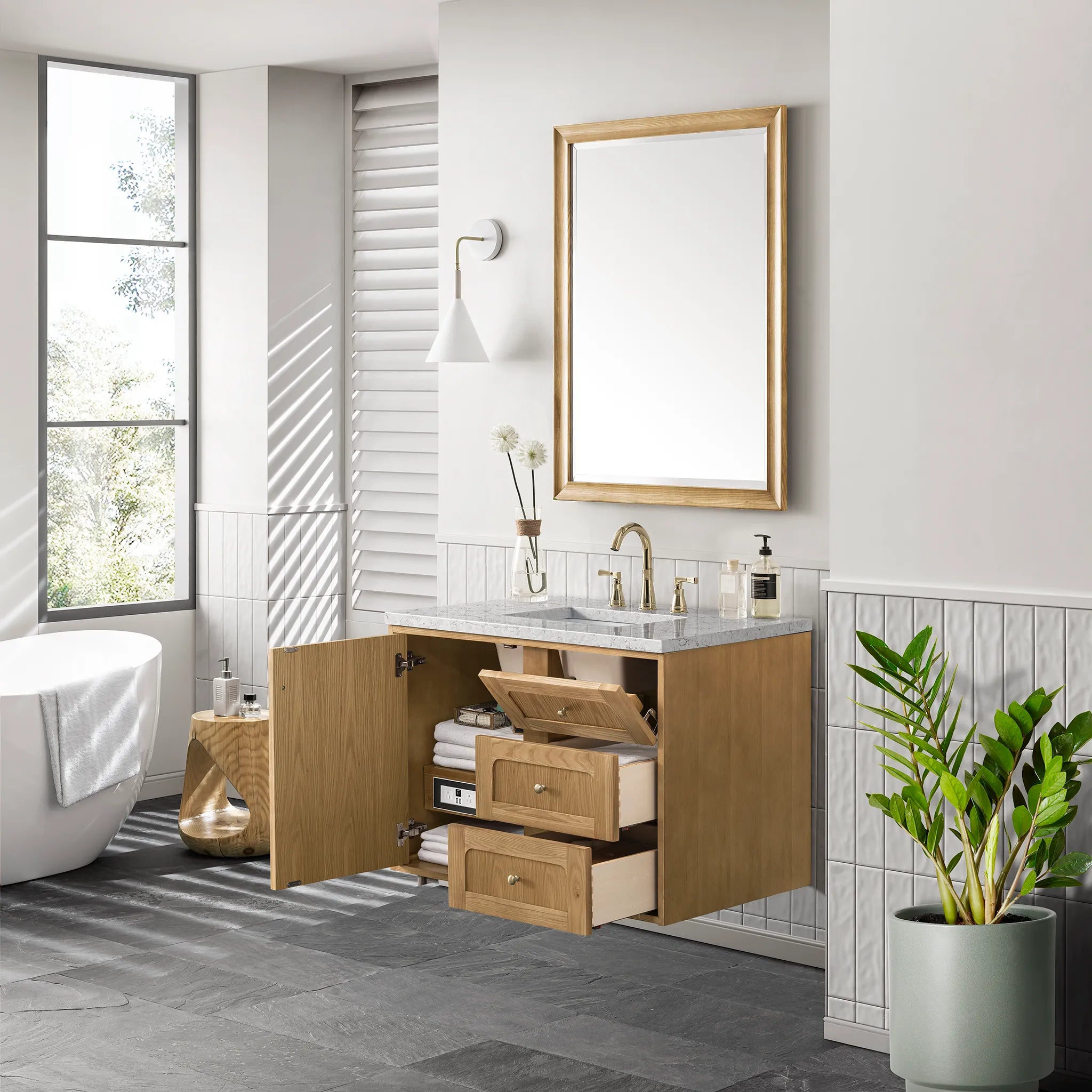 36" Laurent Single Vanity in Light Natural Oak-Eternal Jasmine Pearl Silestone-8" Widespread image 5