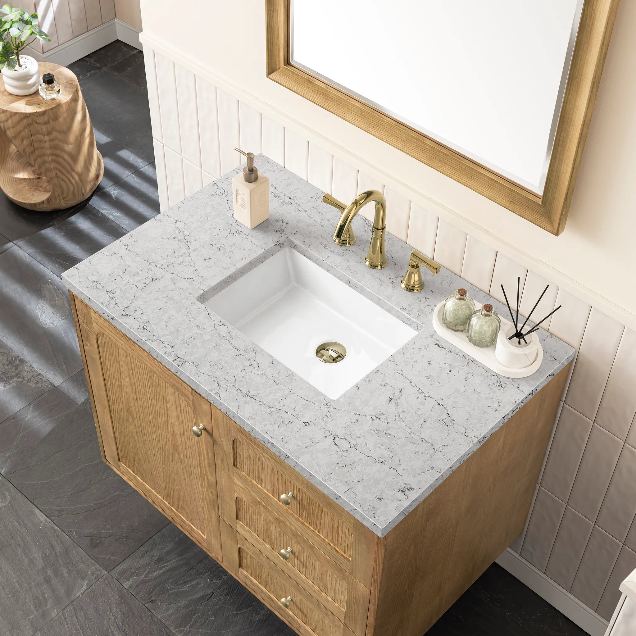 36" Laurent Single Vanity in Light Natural Oak-Eternal Jasmine Pearl Silestone-8" Widespread image 8
