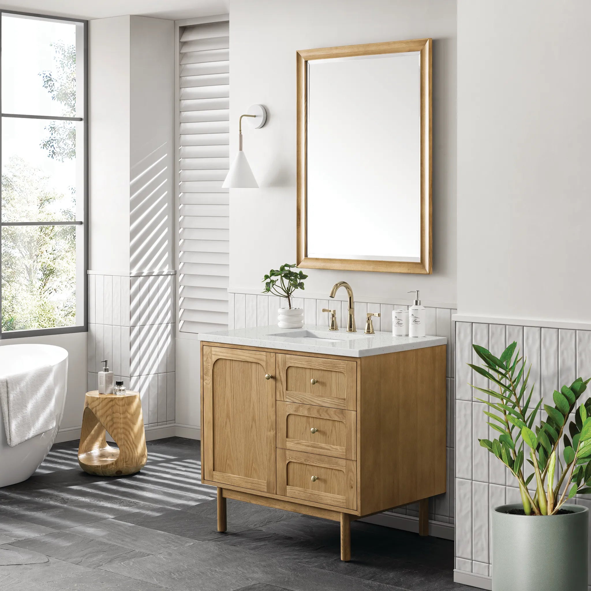 36" Laurent Single Vanity in Light Natural Oak-Lime Delight Silestone-8" Widespread image 4