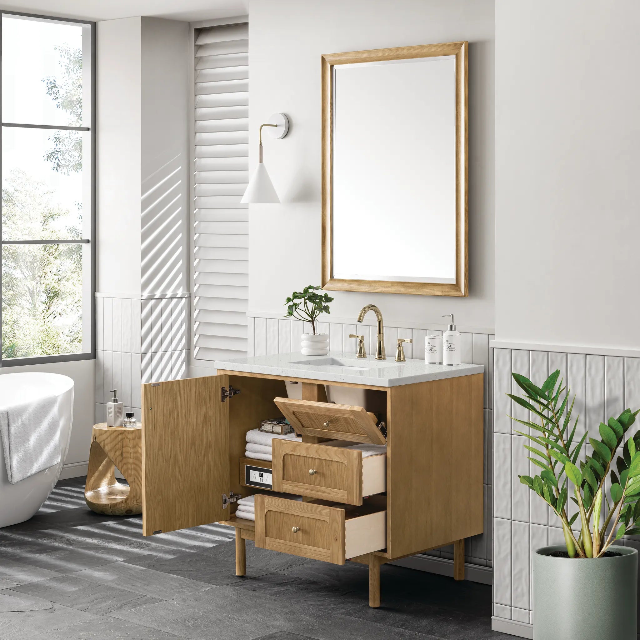 36" Laurent Single Vanity in Light Natural Oak-Lime Delight Silestone-8" Widespread image 6