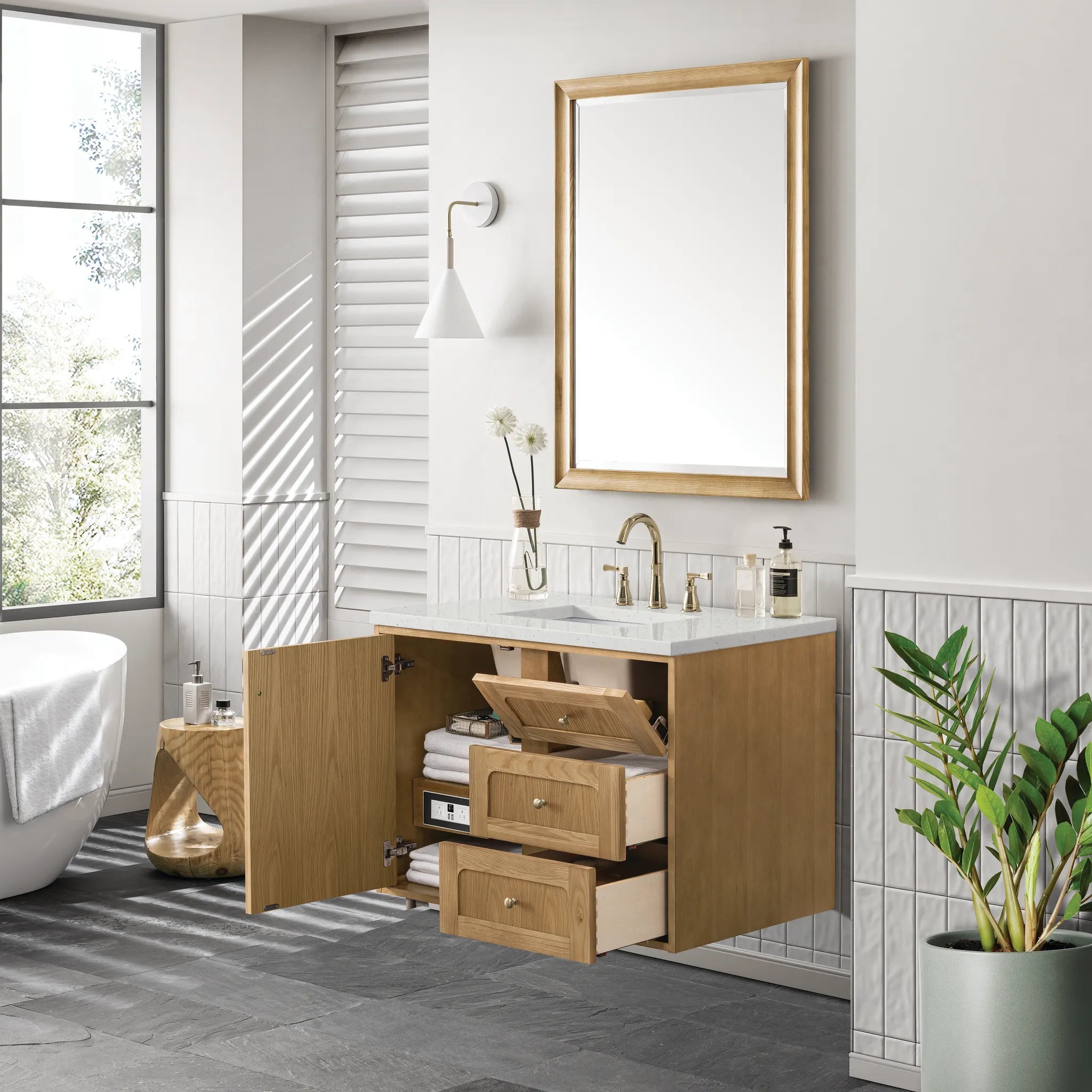 36" Laurent Single Vanity in Light Natural Oak-Lime Delight Silestone-8" Widespread image 7