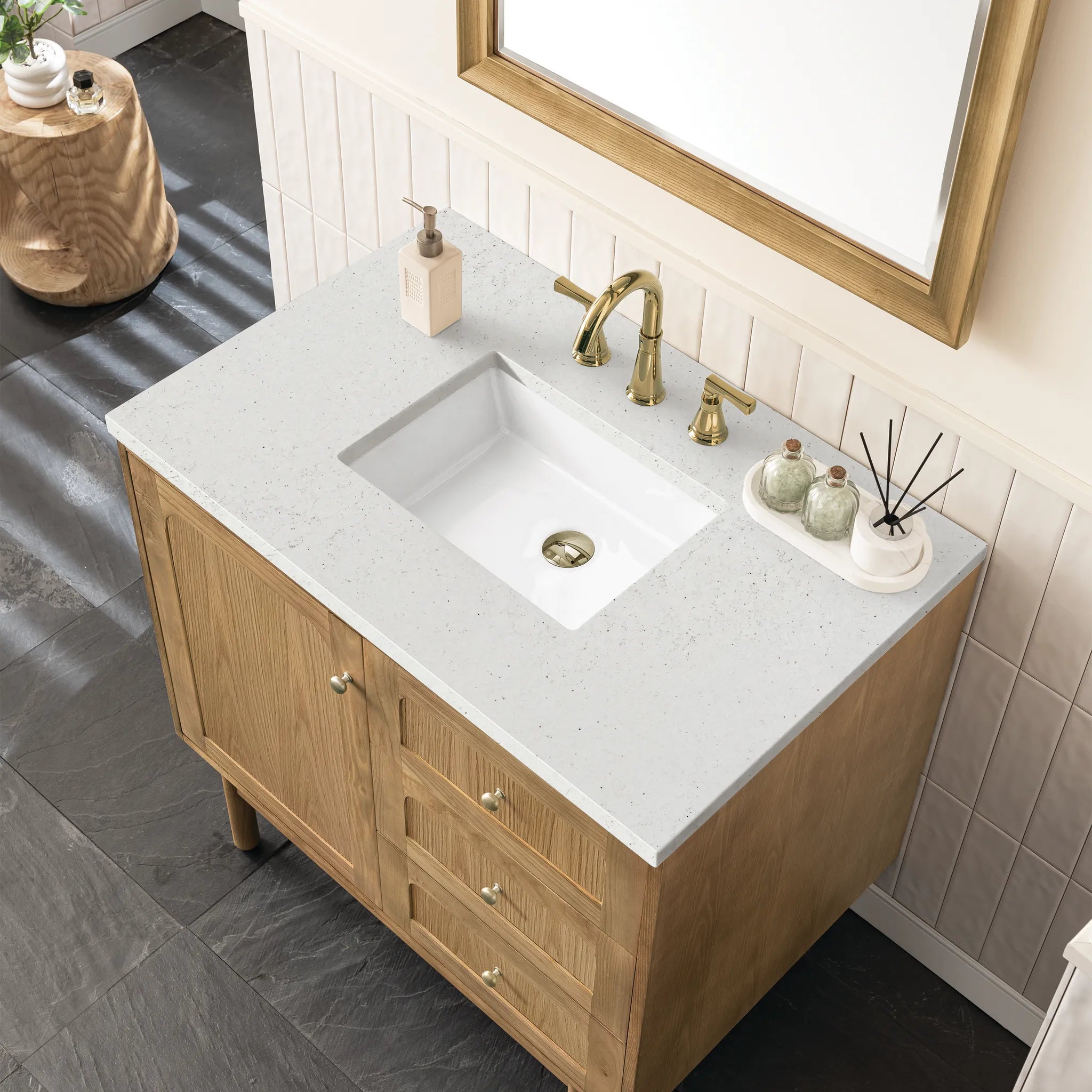 36" Laurent Single Vanity in Light Natural Oak-Lime Delight Silestone-8" Widespread image 9