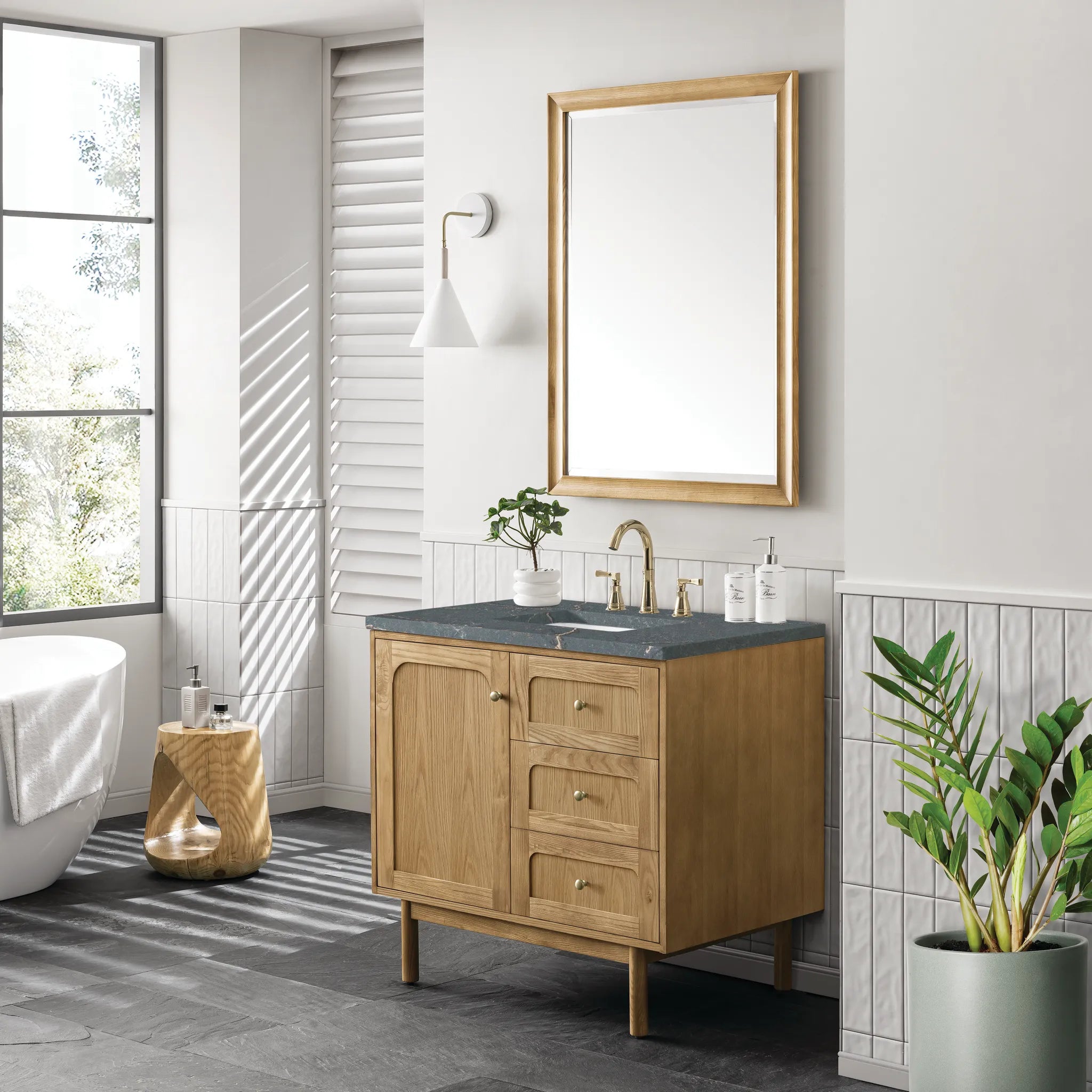 36" Laurent Single Vanity in Light Natural Oak-Parisien Bleu Silestone-8" Widespread image 4