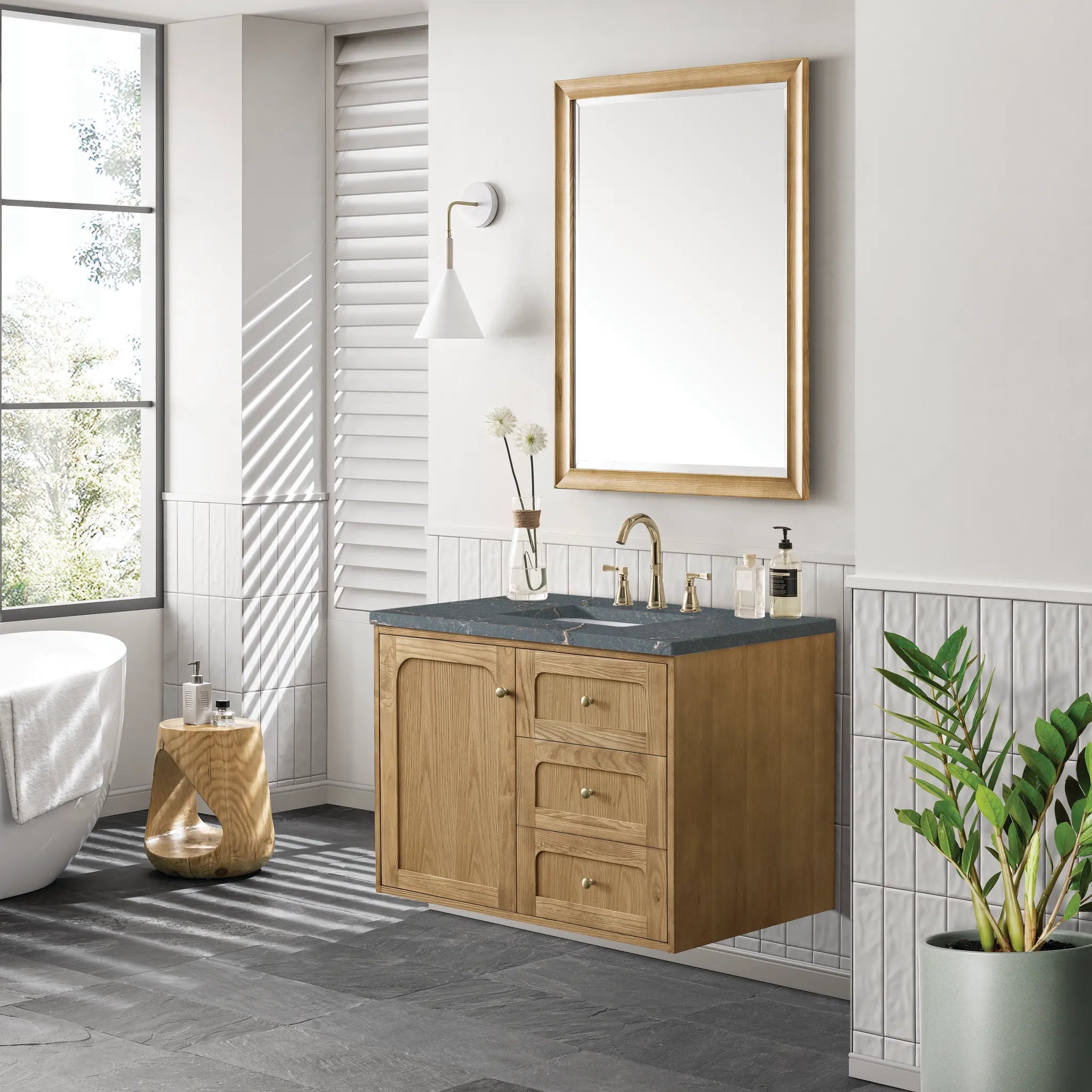 36" Laurent Single Vanity in Light Natural Oak-Parisien Bleu Silestone-8" Widespread image 5